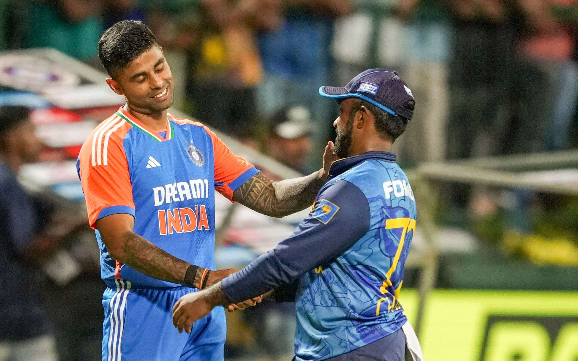 Indian captain with his Sri Lankan counterpart after 2nd T20I (PTI)