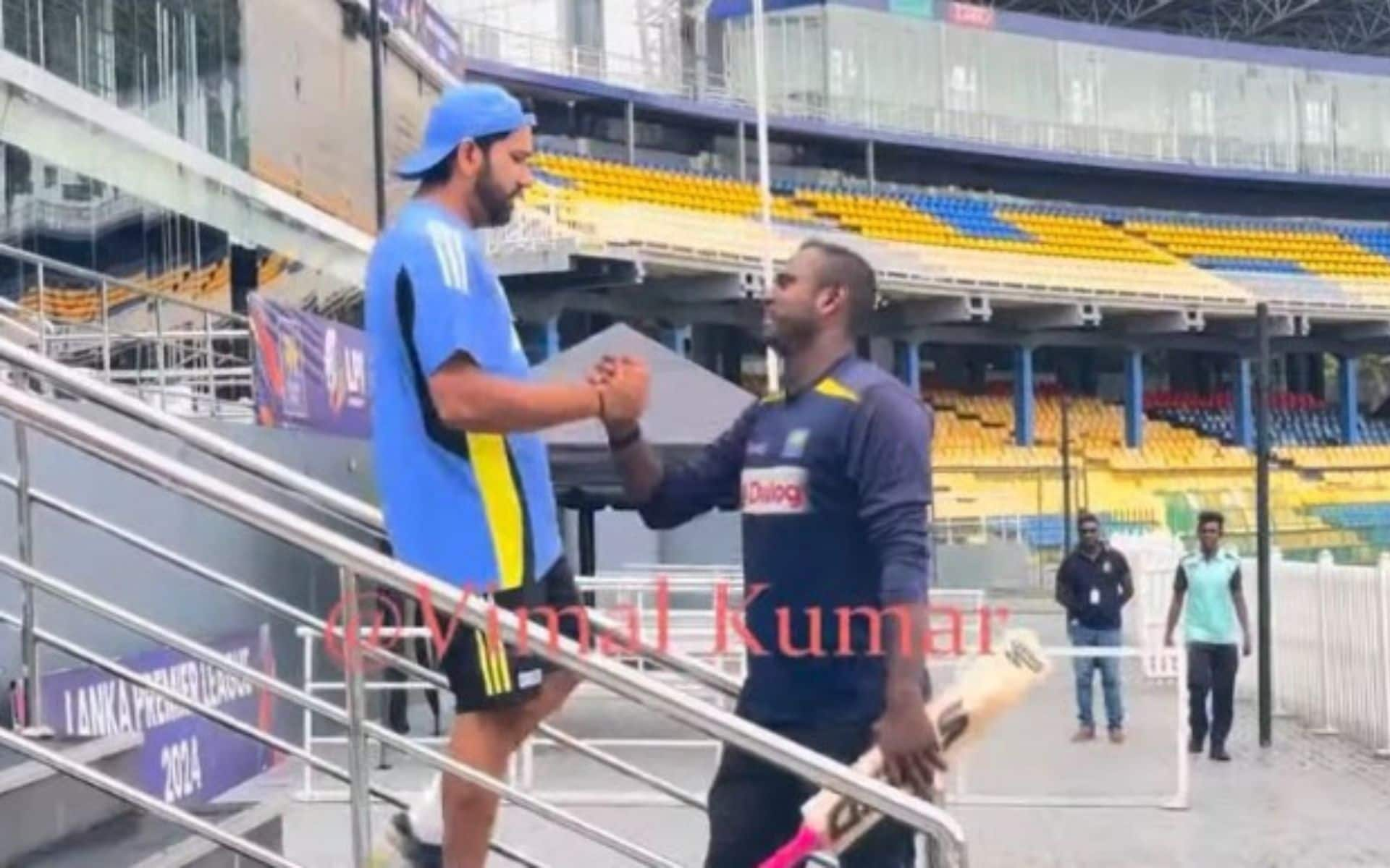 Rohit Sharma gets congratulated by Angelo Mathews (Twitter)