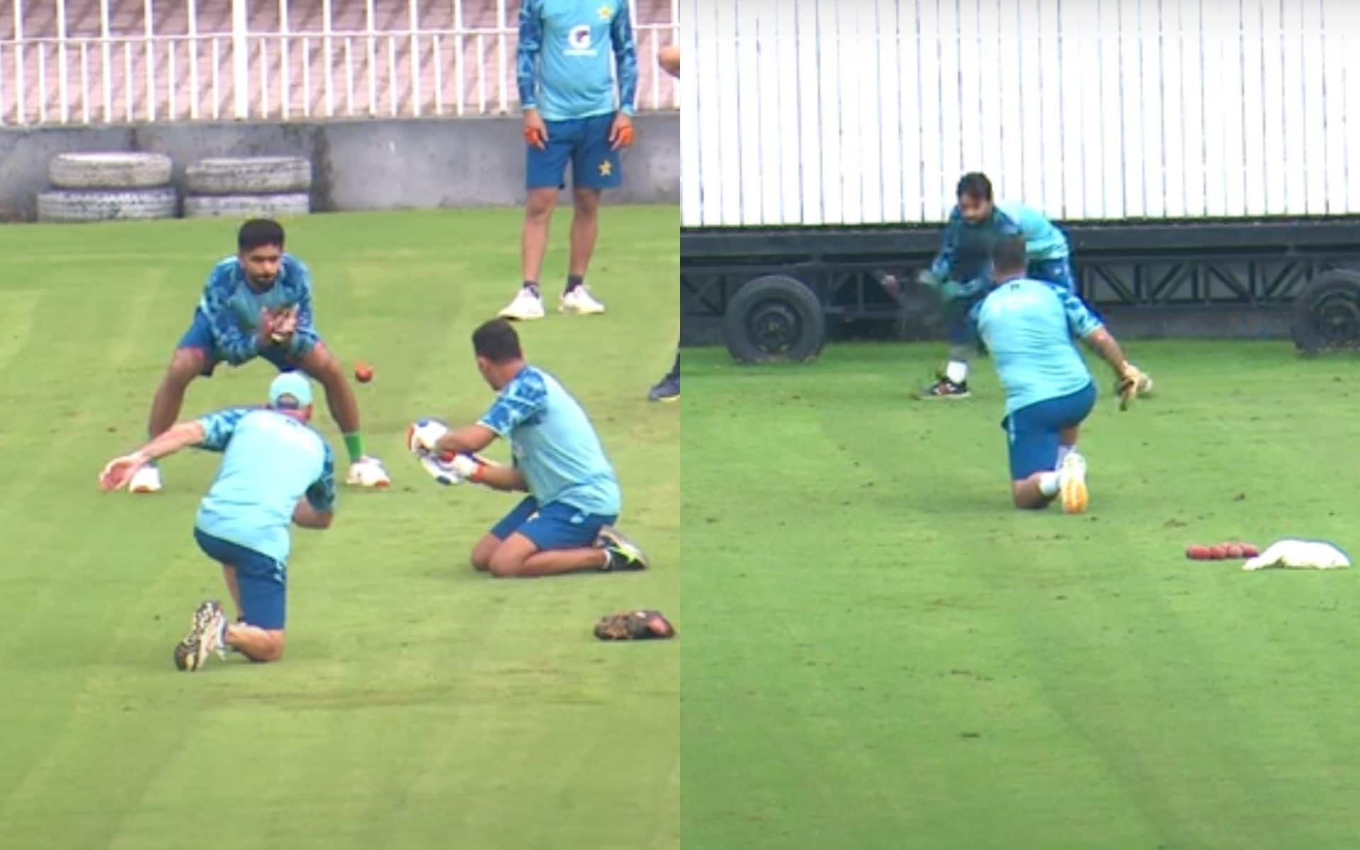 Babar and Rizwan during the fielding session [X]