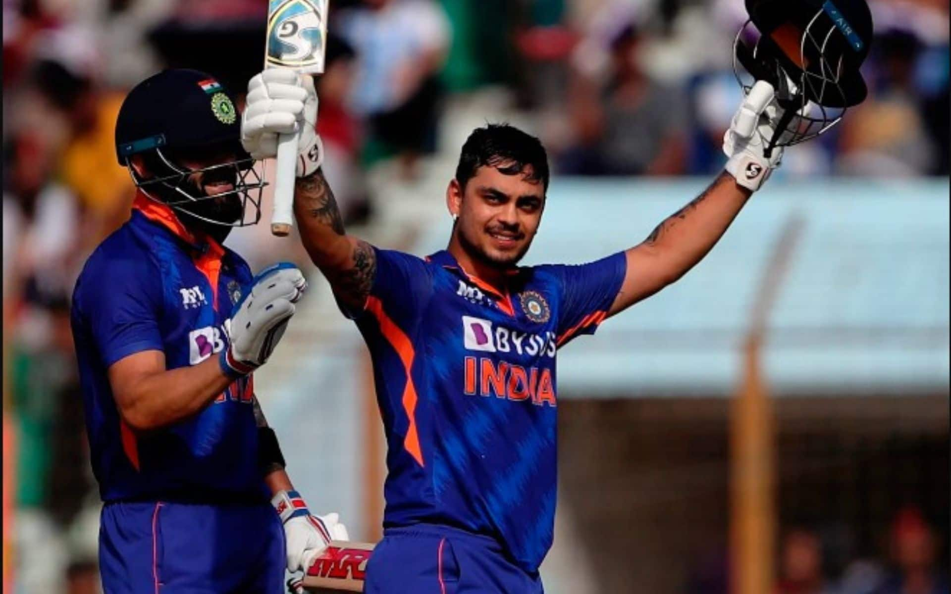 Ishan Kishan celebrating his maiden ODI hundred with Virat Kohli (x.com)