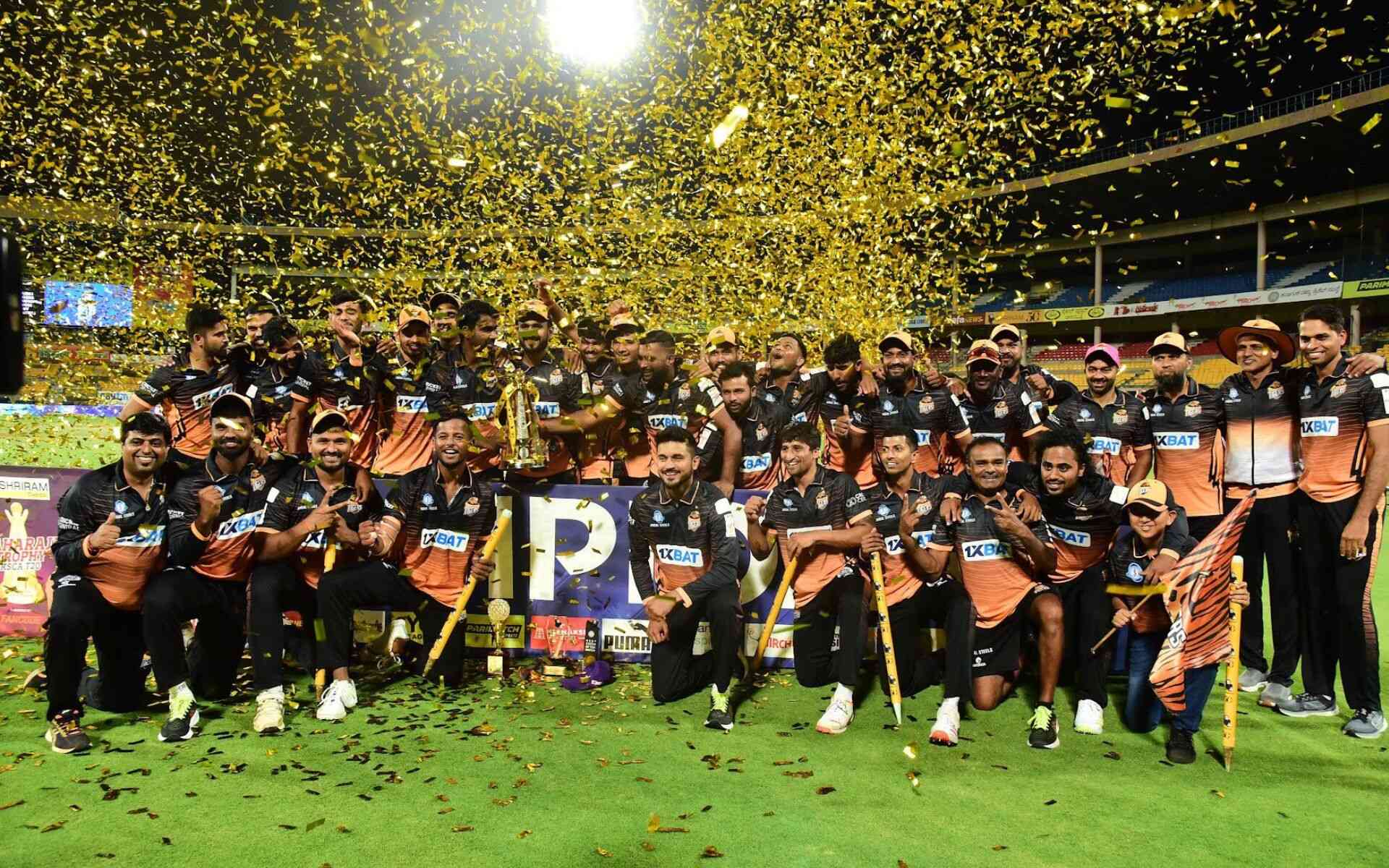 Hubli Tigers players celebrating Maharaja T20 Trophy 2023 win in Bengaluru (KSCA)