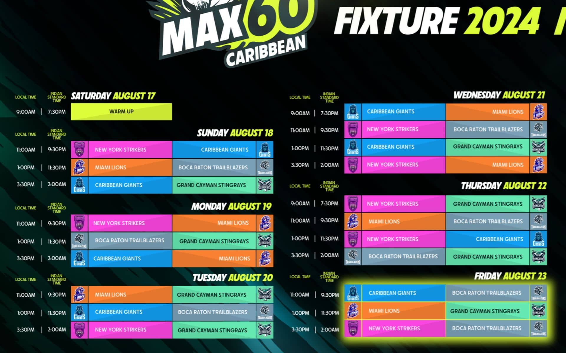 MAX60 Caribbean 2024 Full Schedule (X.com)