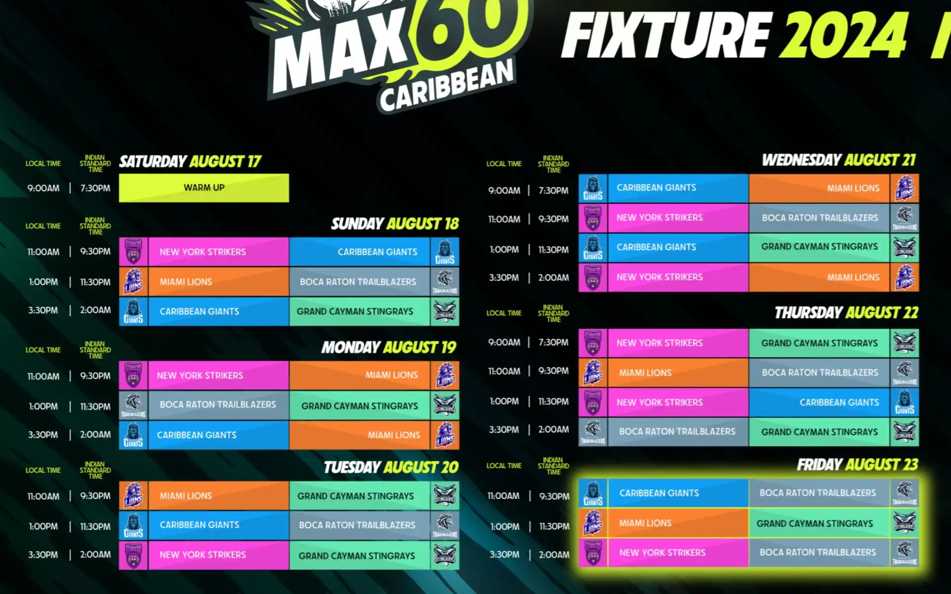 MAX60 Caribbean 2024 Full Schedule (X.com)