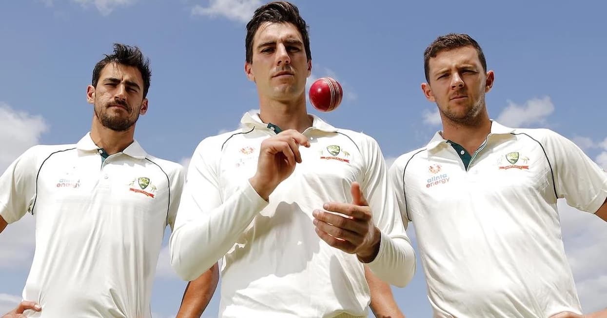 Australia's Josh Hazlewood with Mitchell Starc and Pat Cummins (X.com)