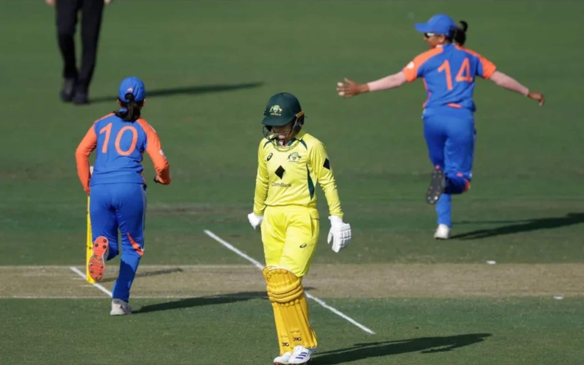 India A Women players celebrating a wicket against Australia A (x.com)