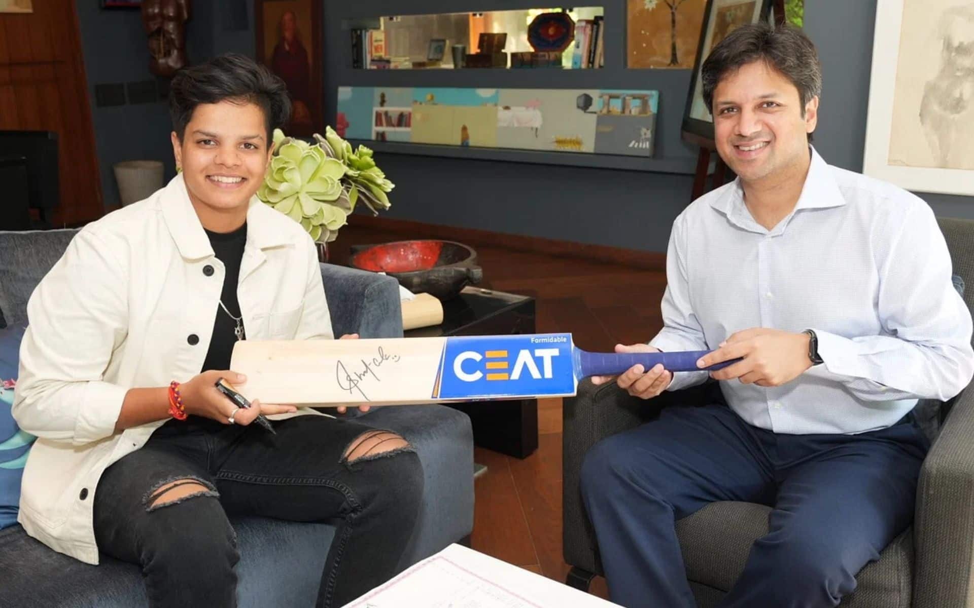 Shafali Verma with CEAT official (X.com)