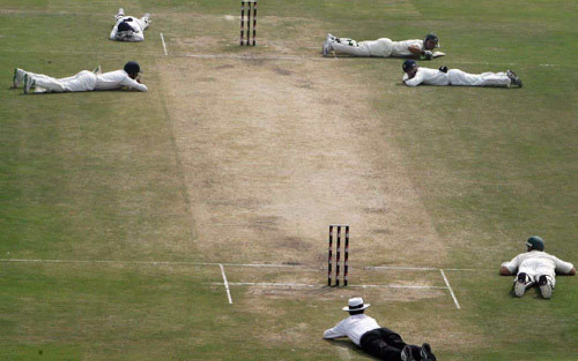 Players during a bee attack in IND vs AUS Test, 2008 [Facebook]
