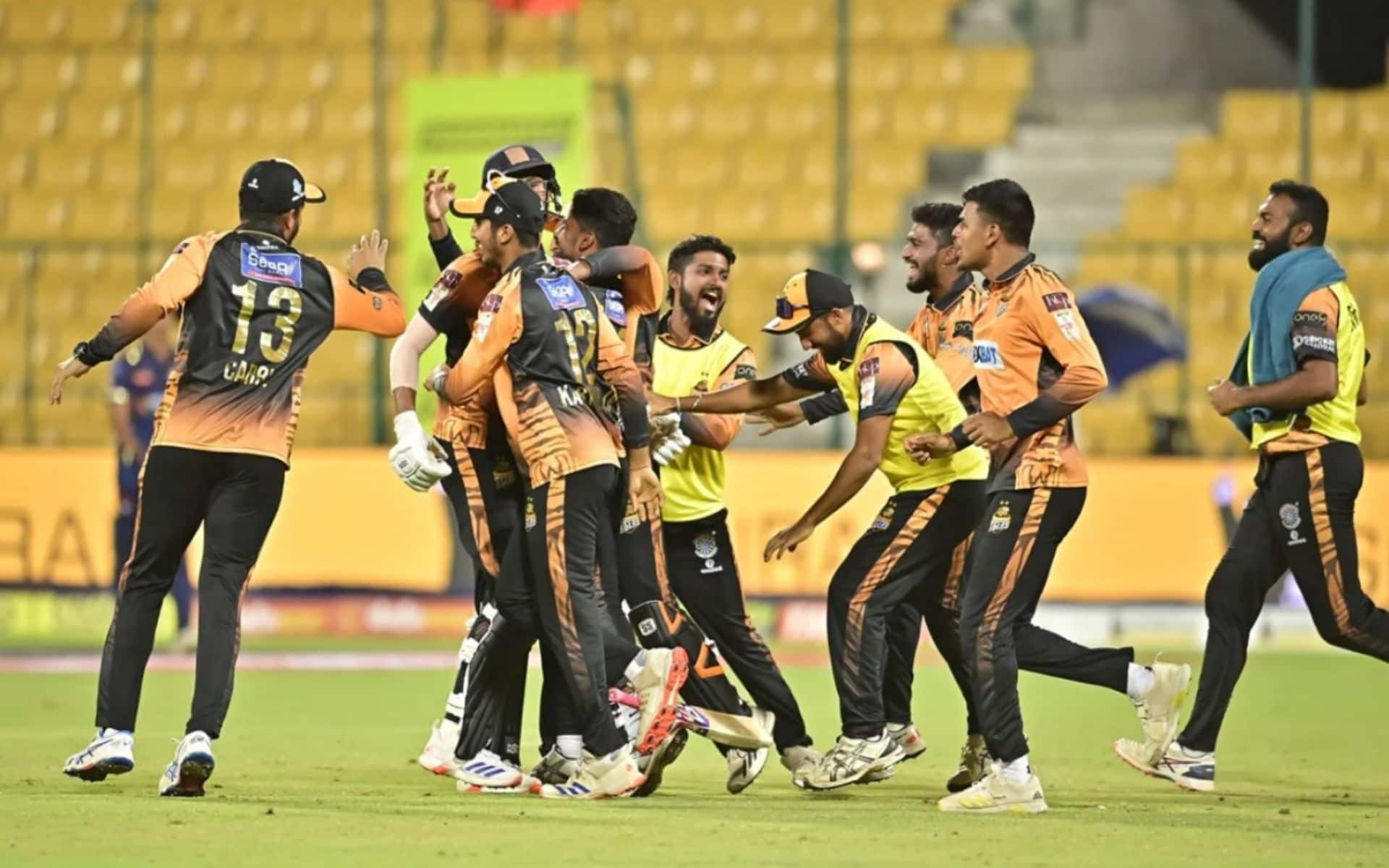 Hubli Tigers celebrating their Super Over win over Bengaluru Blasters (Maharaja T20)