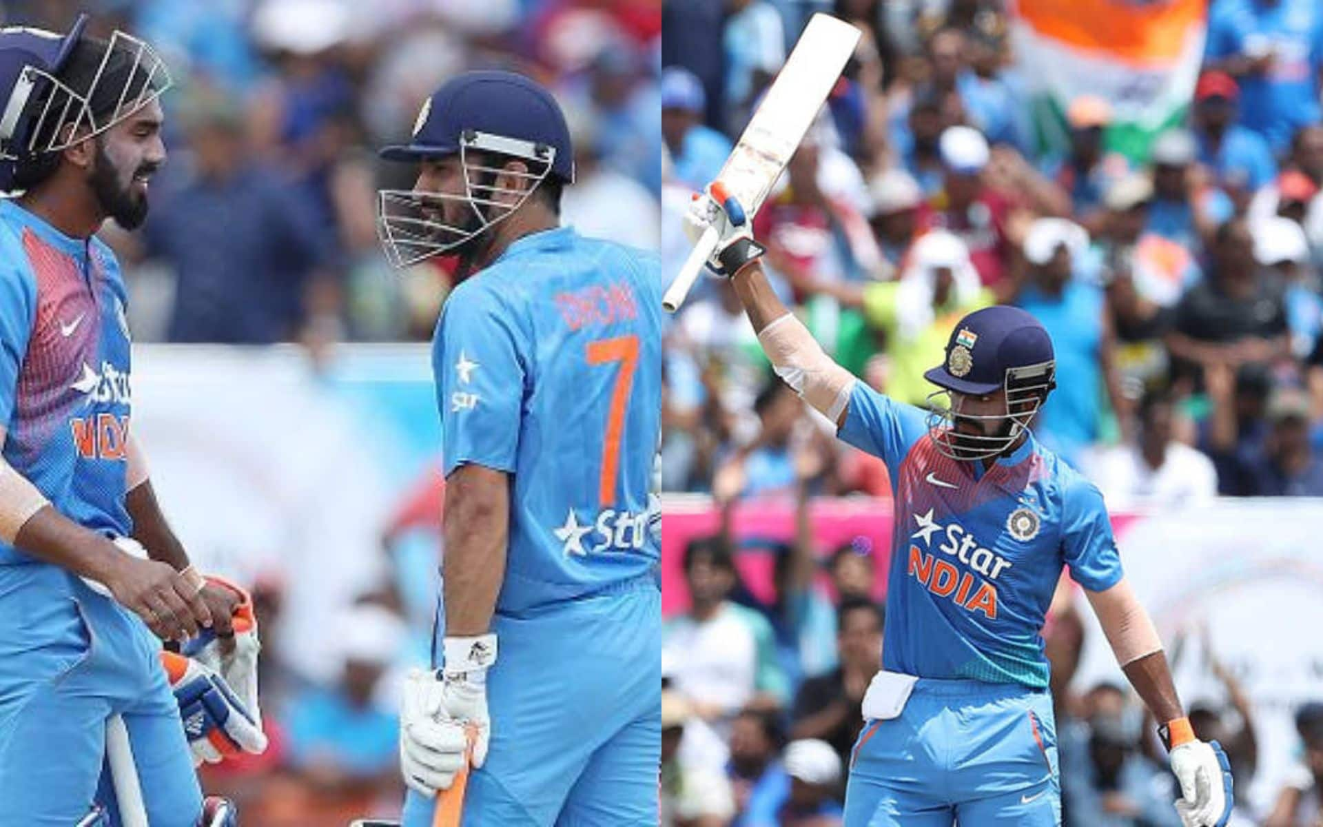 MS Dhoni and KL Rahul during the 1st T20I against West Indies in Lauderhill in 2016 [X]