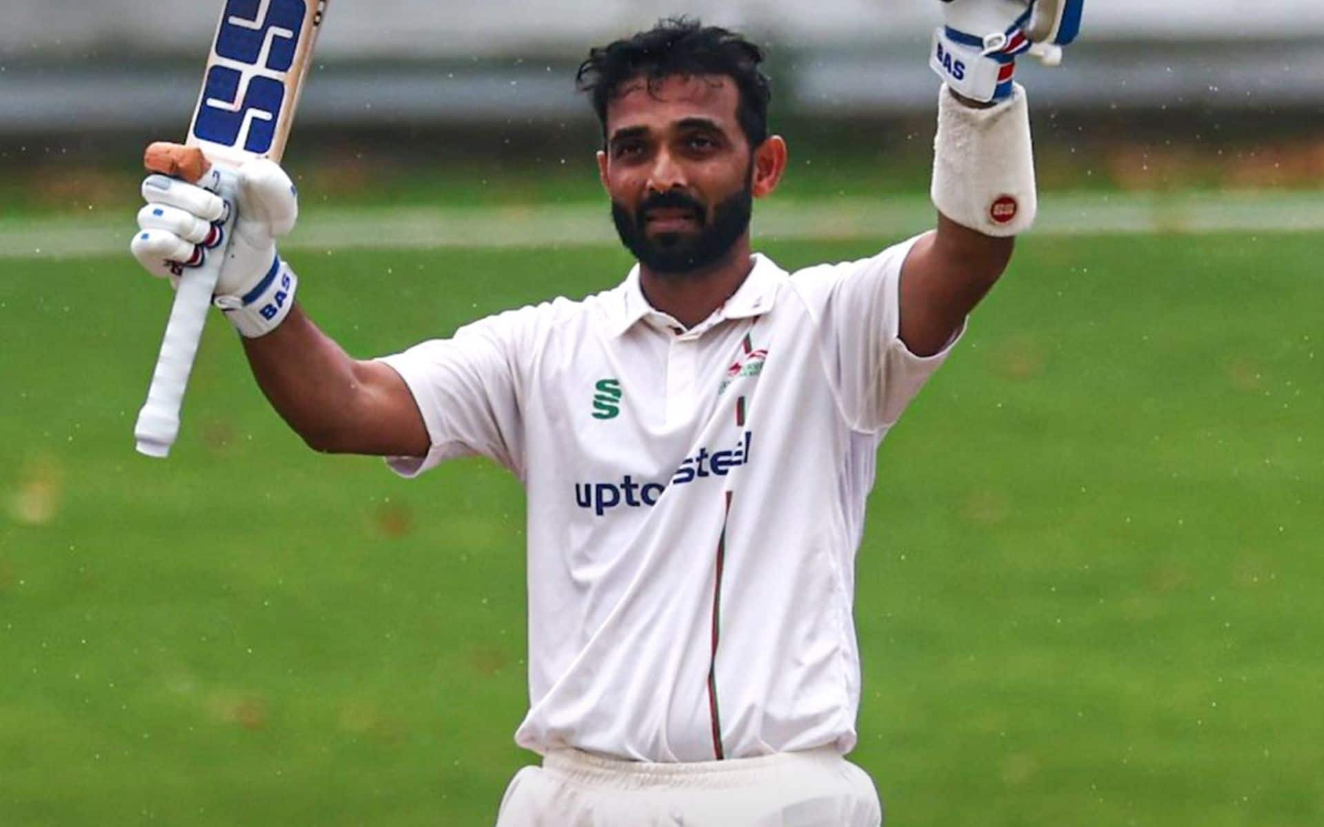 Ajinkya Rahane celebrates his first hundred for Leicestershire in County cricket (X.com)