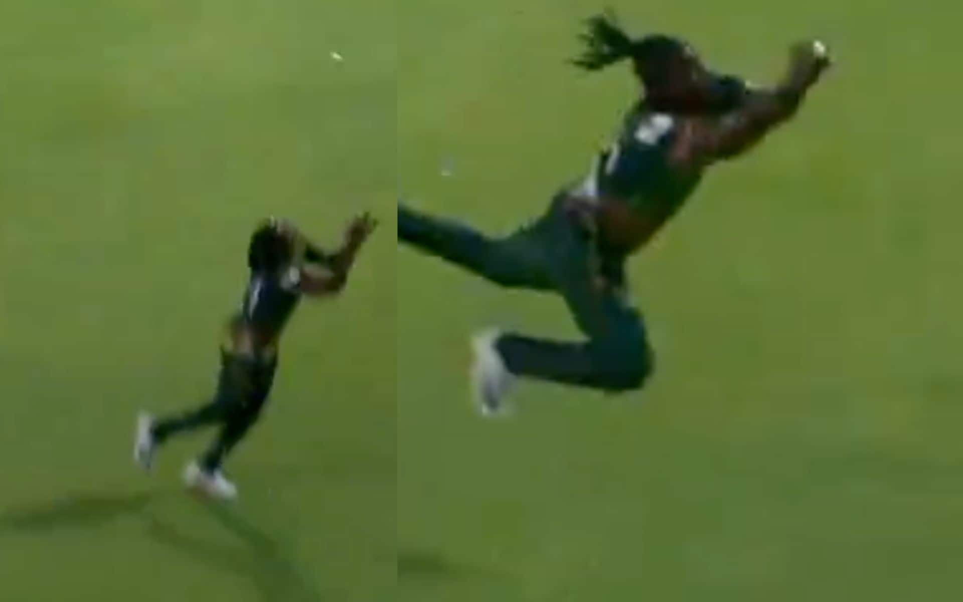 Kyle Mayers took a brilliant catch to dismiss Faf du Plessis [X]