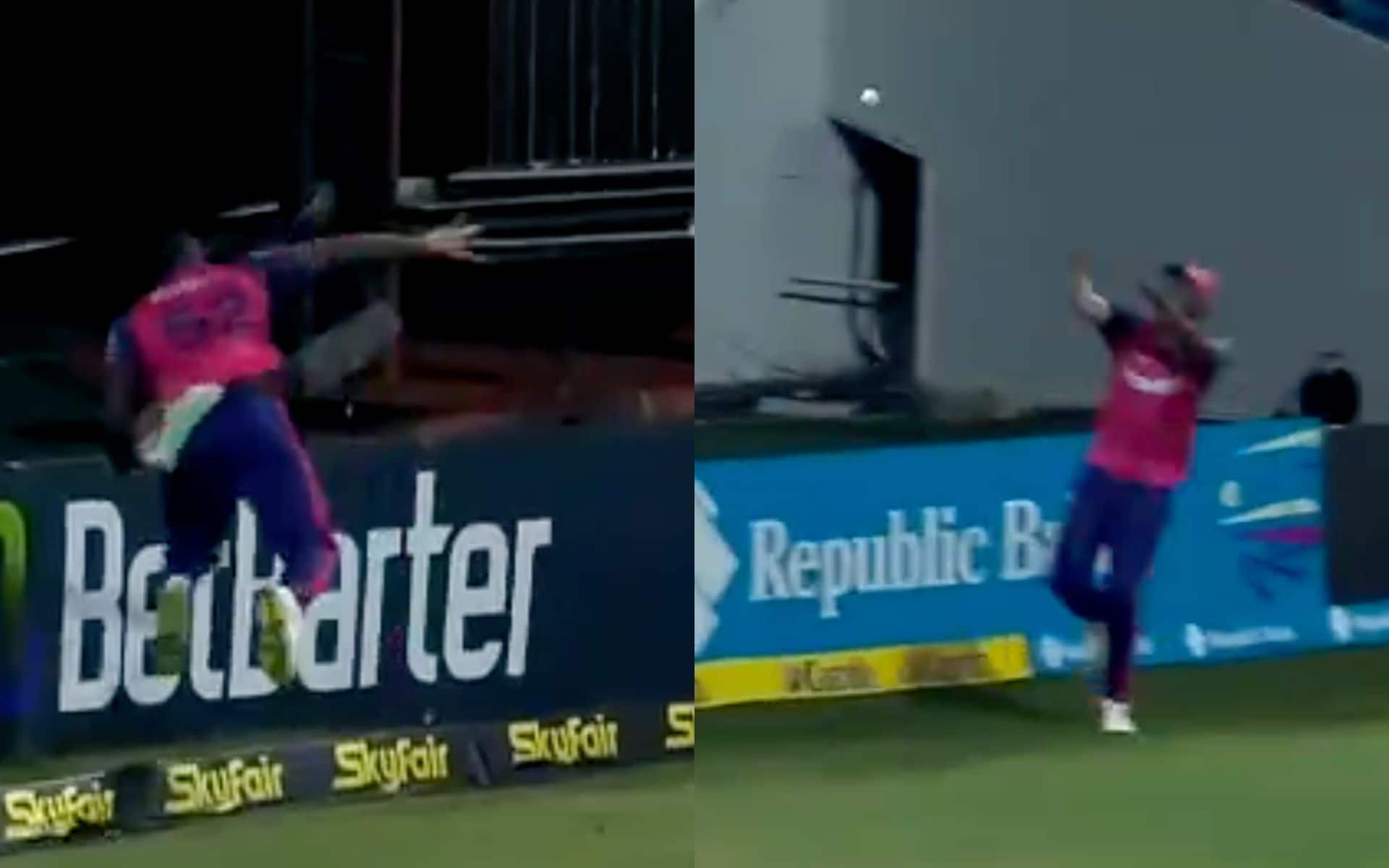 Rovman Powell and Jason Holder combine to take a catch [X]