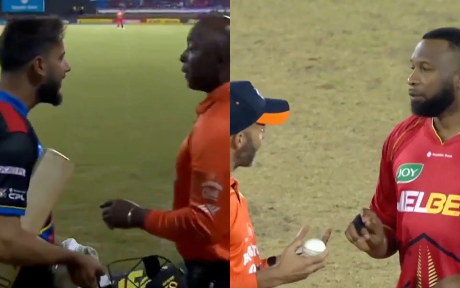 Imad Wasim and Pollard in conversation with umpires (X.com)