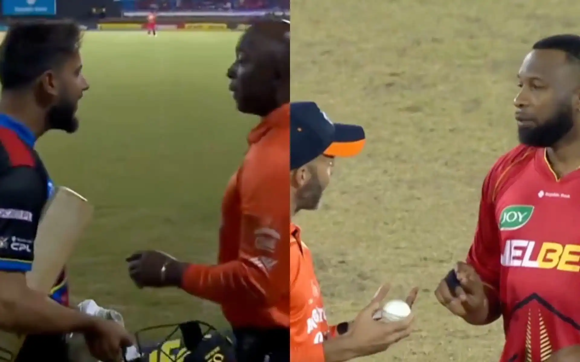 Imad Wasim and Pollard in conversation with umpires (X.com)