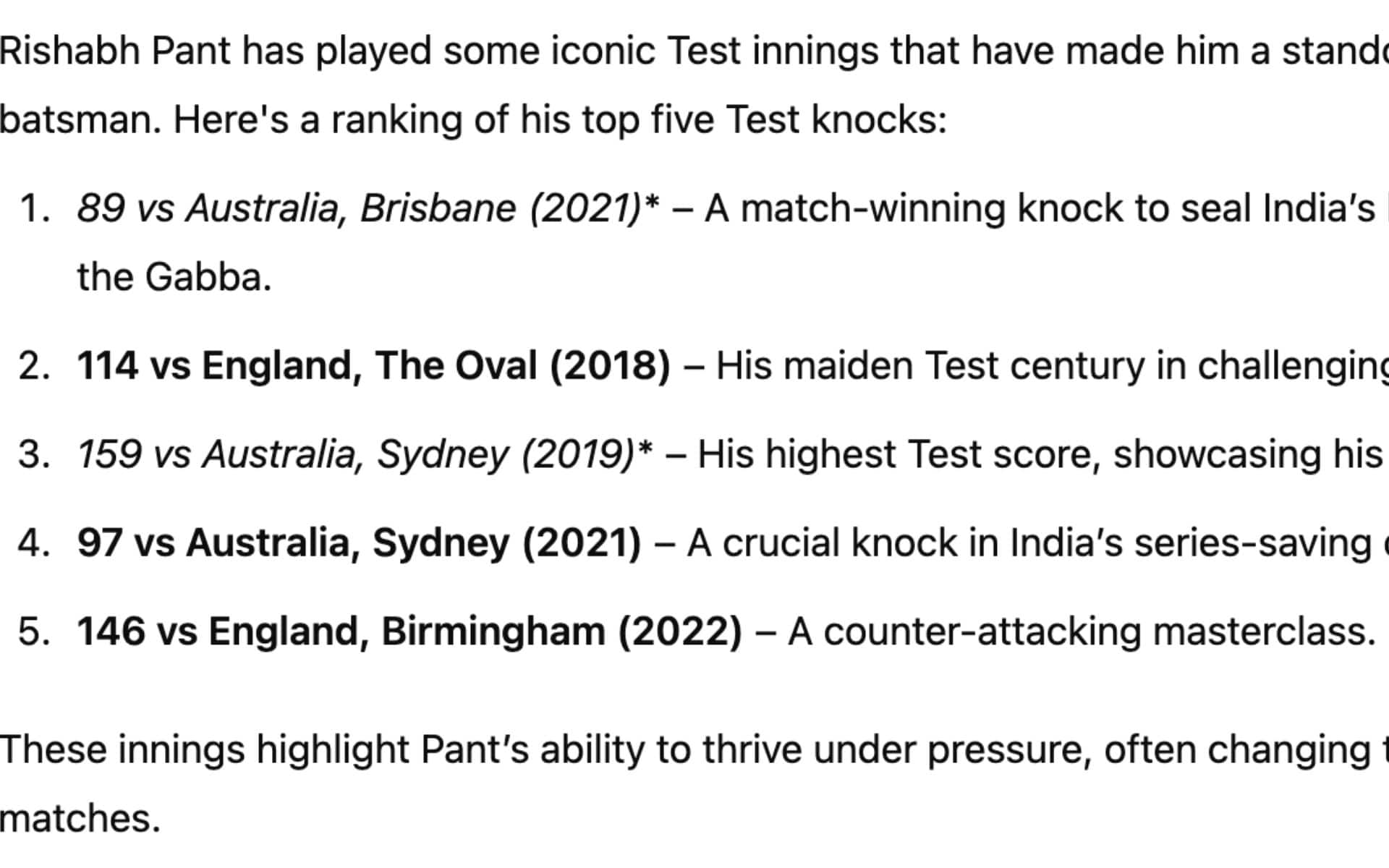 Top five Test knocks by Rishabh Pant Ranked by ChatGPT [OneCricket]