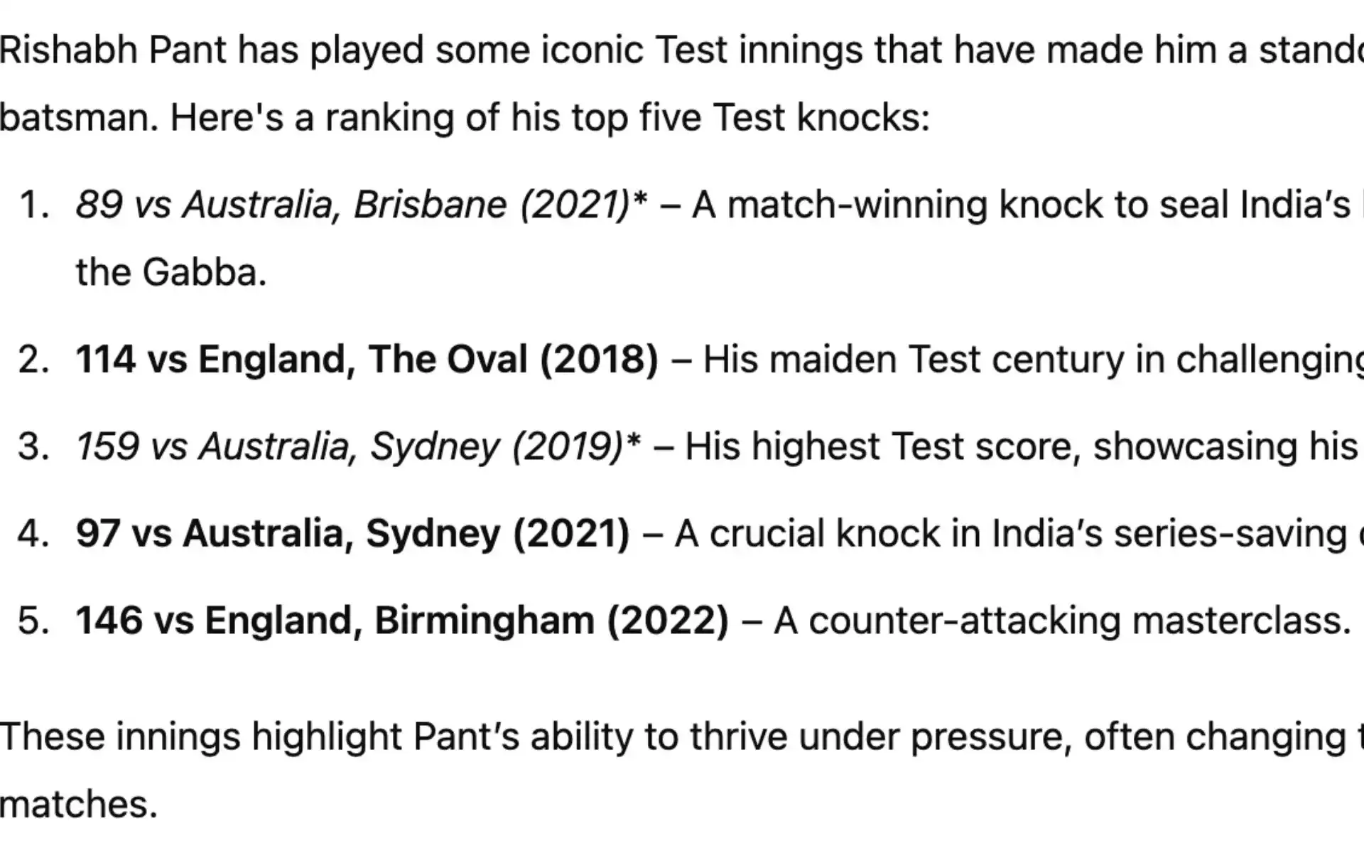 Top five Test knocks by Rishabh Pant Ranked by ChatGPT [OneCricket]