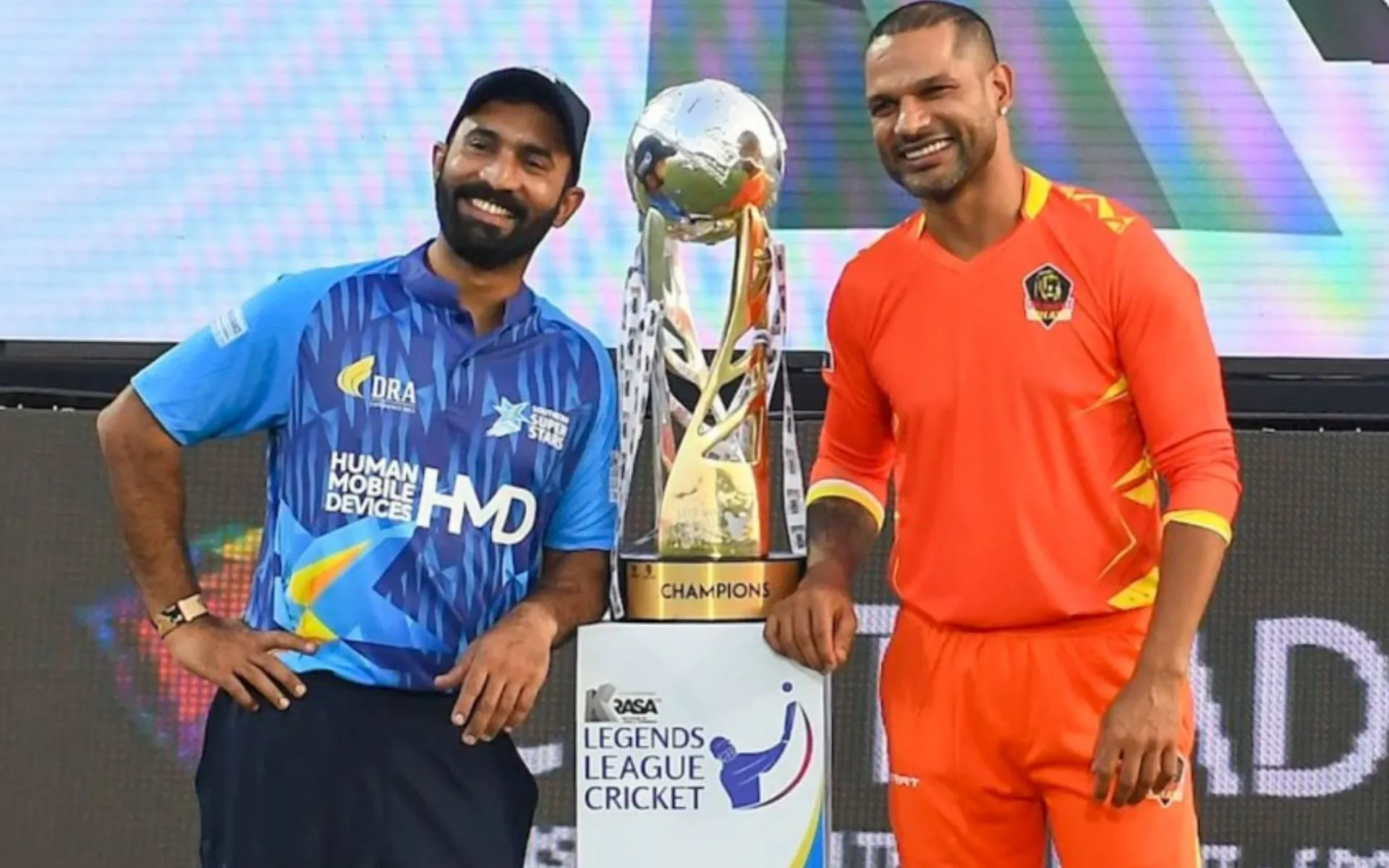 Shikhar Dhawan with Dinesh Karthik before the launch of LLC 2024 (LLC)