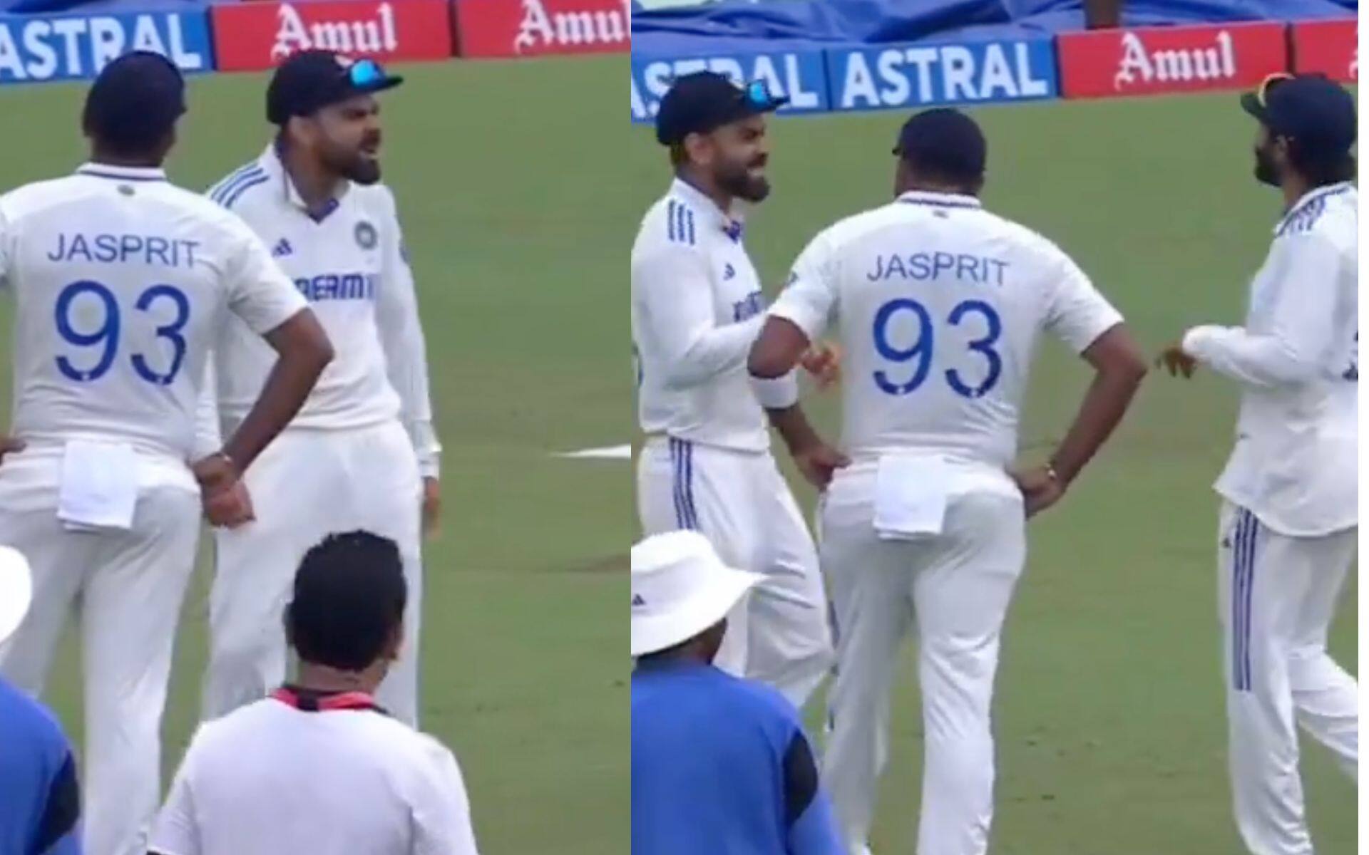 Jasprit Bumrah, Kohli, Jadeja during IND-BAN Test (Source: Screengrab@was_fairytale/X.com)