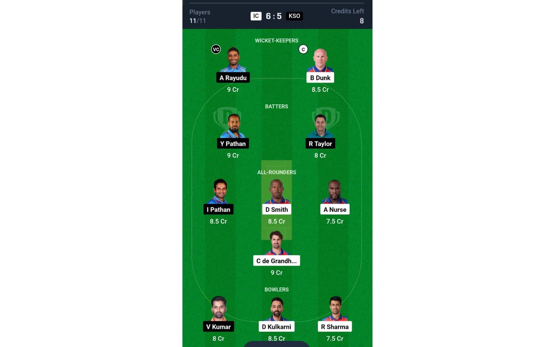 IC vs KSO, Legends League Cricket: Dream11 Team 1 [Source: @Dream11 App]