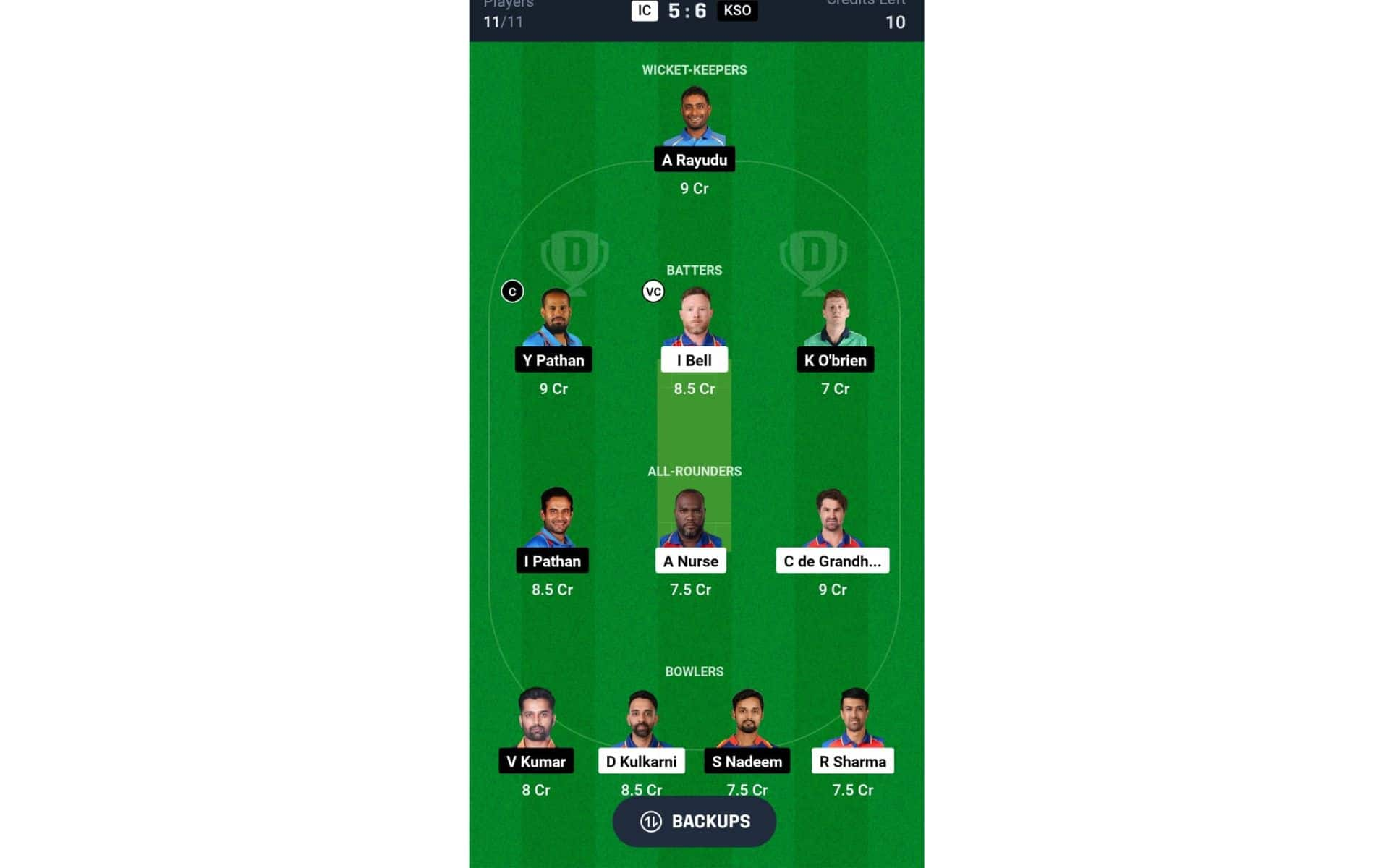 IC vs KSO, Legends League Cricket: Dream11 Team 2 [Source: @Dream11 App]