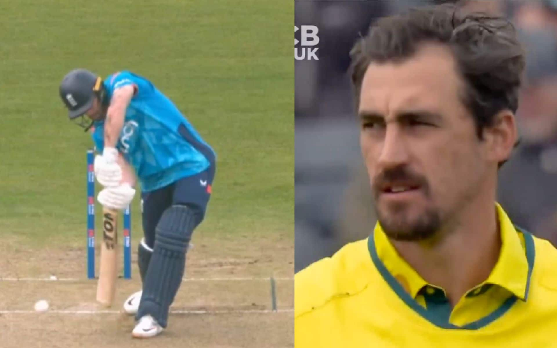 Mitchell Starc gets smashed for a four [Source: @englandcricket/X.com]