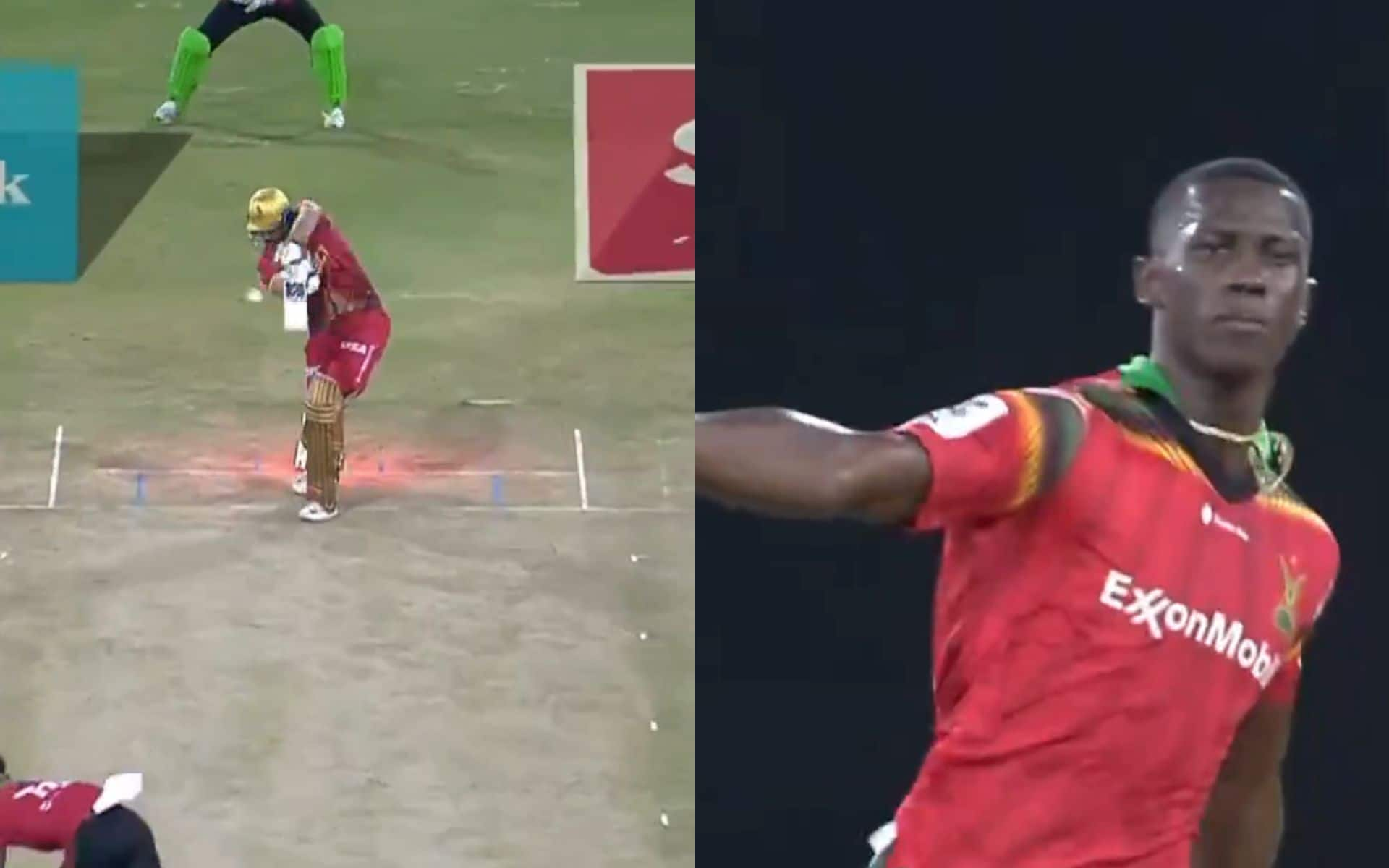 Shamar Joseph Knocks Over Tim David For A Golden Duck (Screengrab from @CPL/X.com)