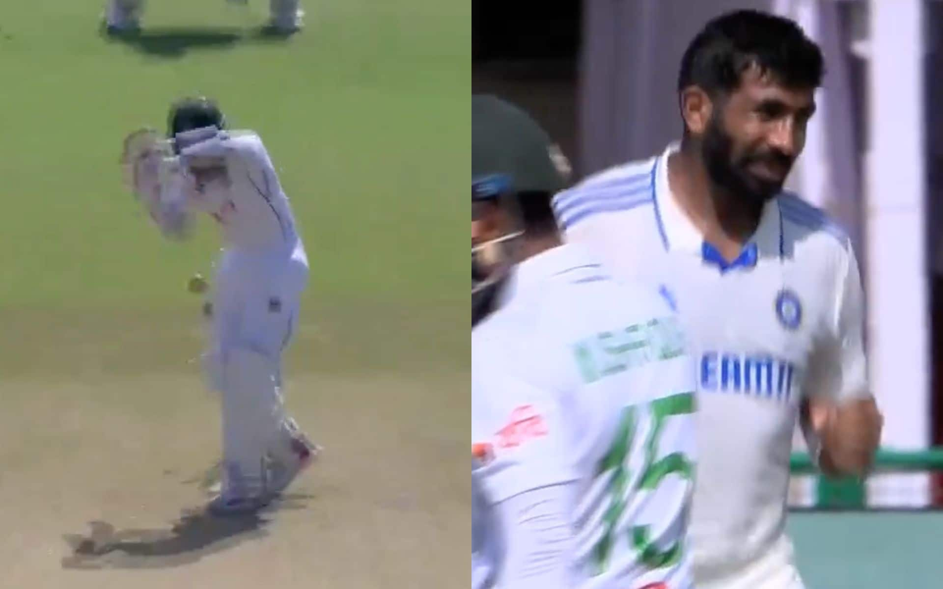 Jasprit Bumrah knocking over Rahim (Source: Screengrab from @BCCI/X.com)