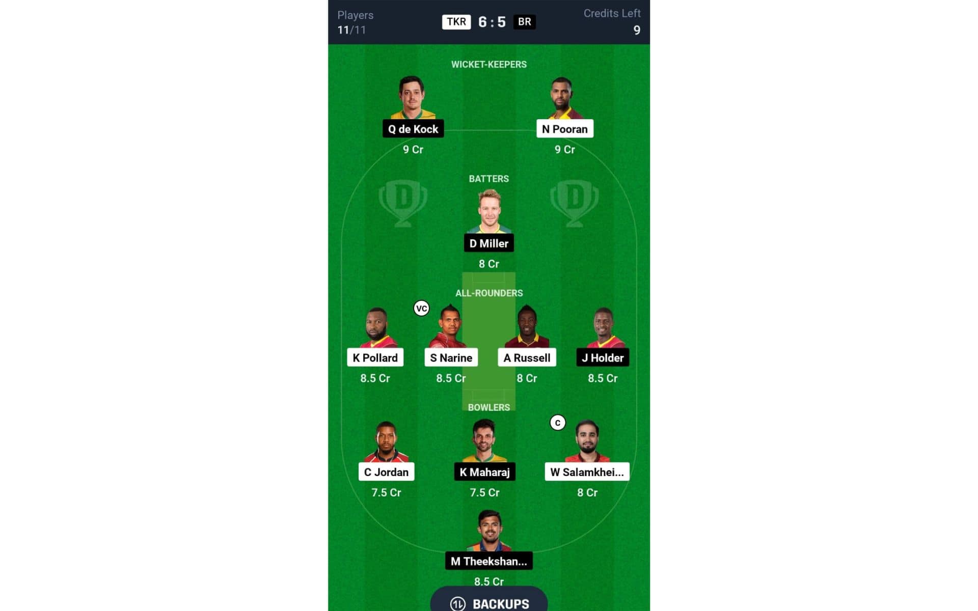 TKR vs BR, CPL 2024: Dream11 Team 1 [Source: @Dream11 App]