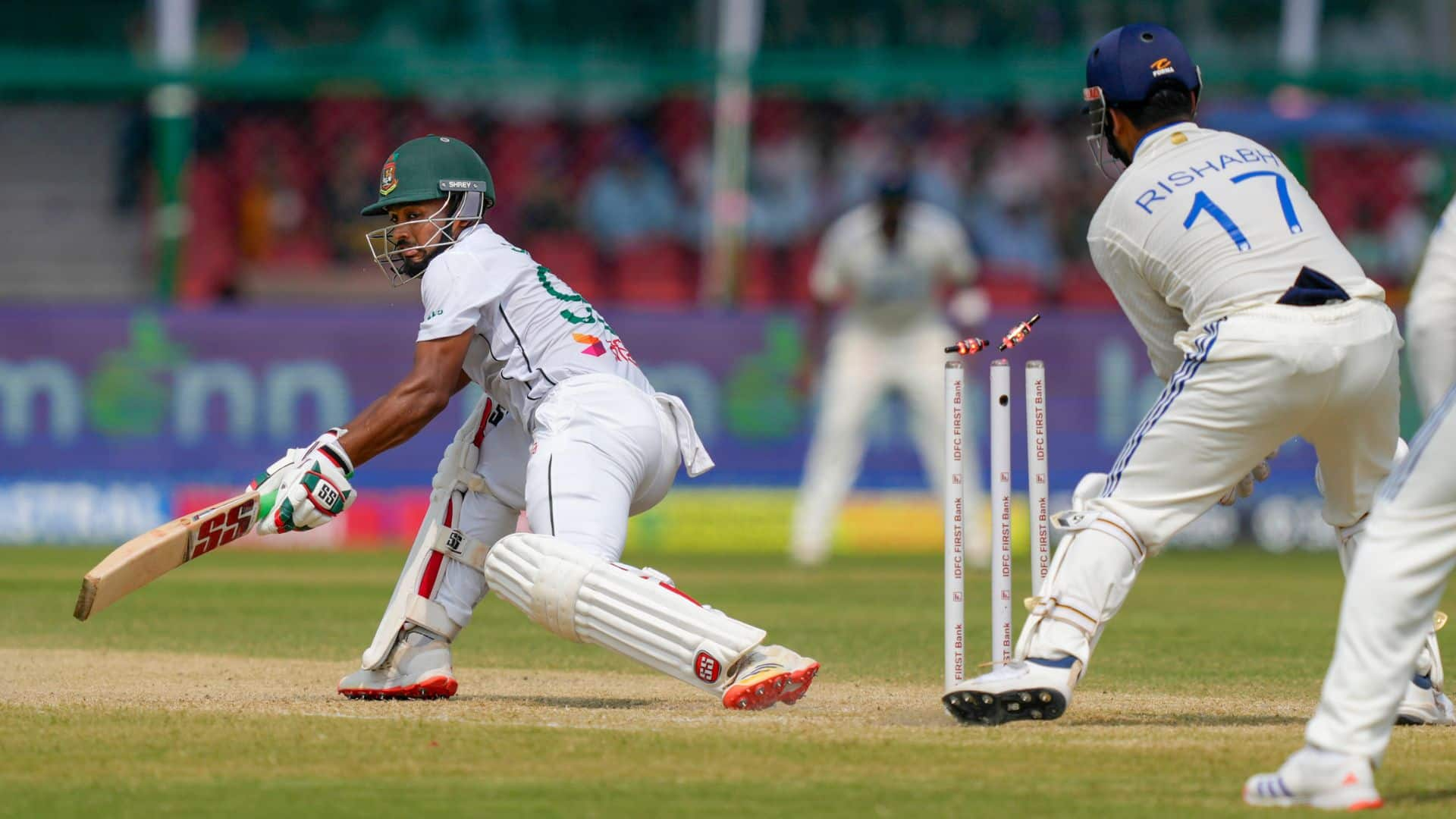 Najmul Shanto being castled in Kanpur Test [Source: PTI]