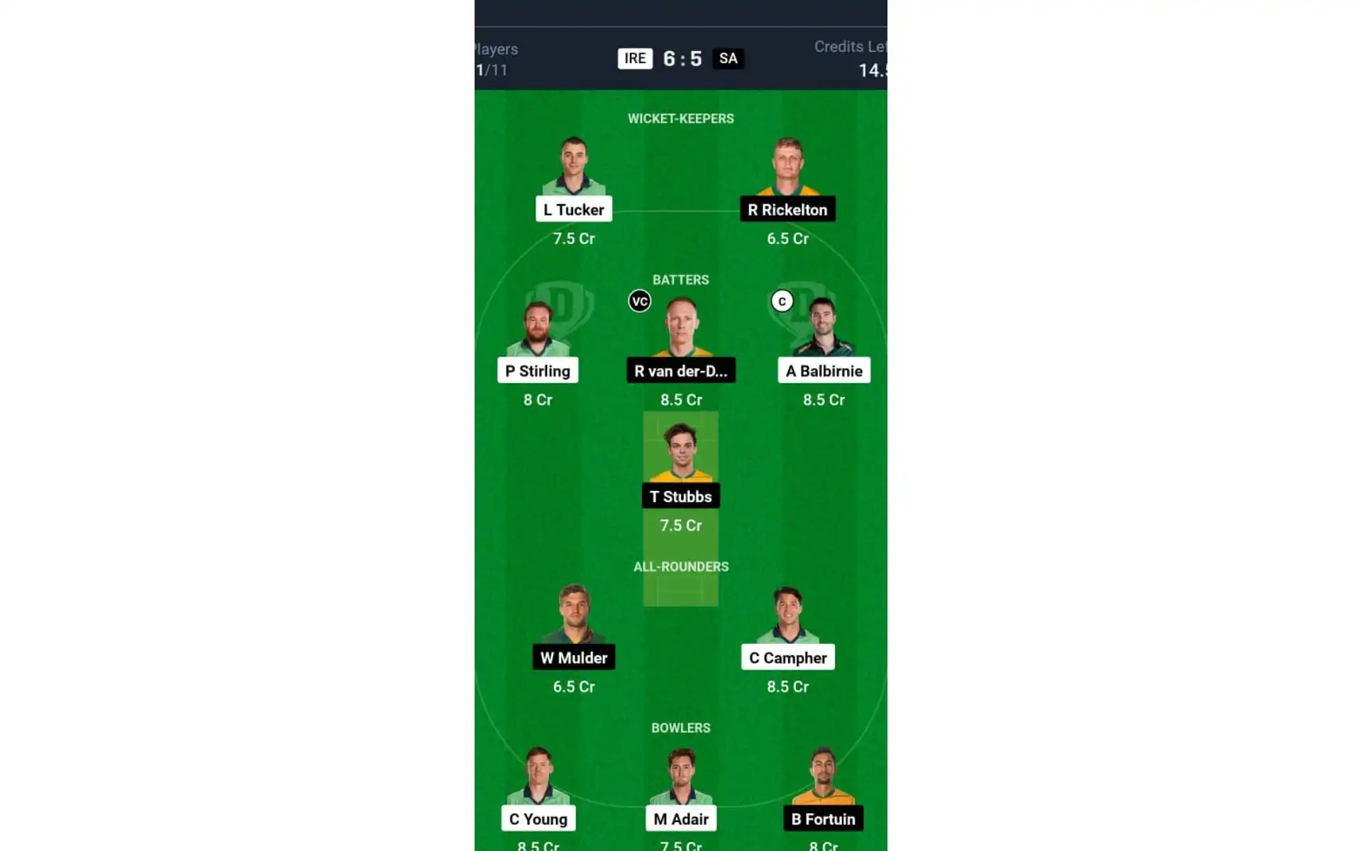 IRE vs SA, 1st ODI: Dream11 Team 1 [Source: Dream11 App]