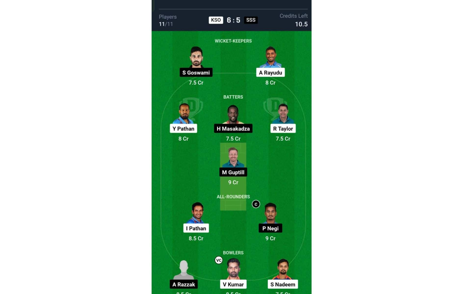 KSO vs SSS, LLC 2024: Dream11 Team 2 [Source: @Dream11 App]