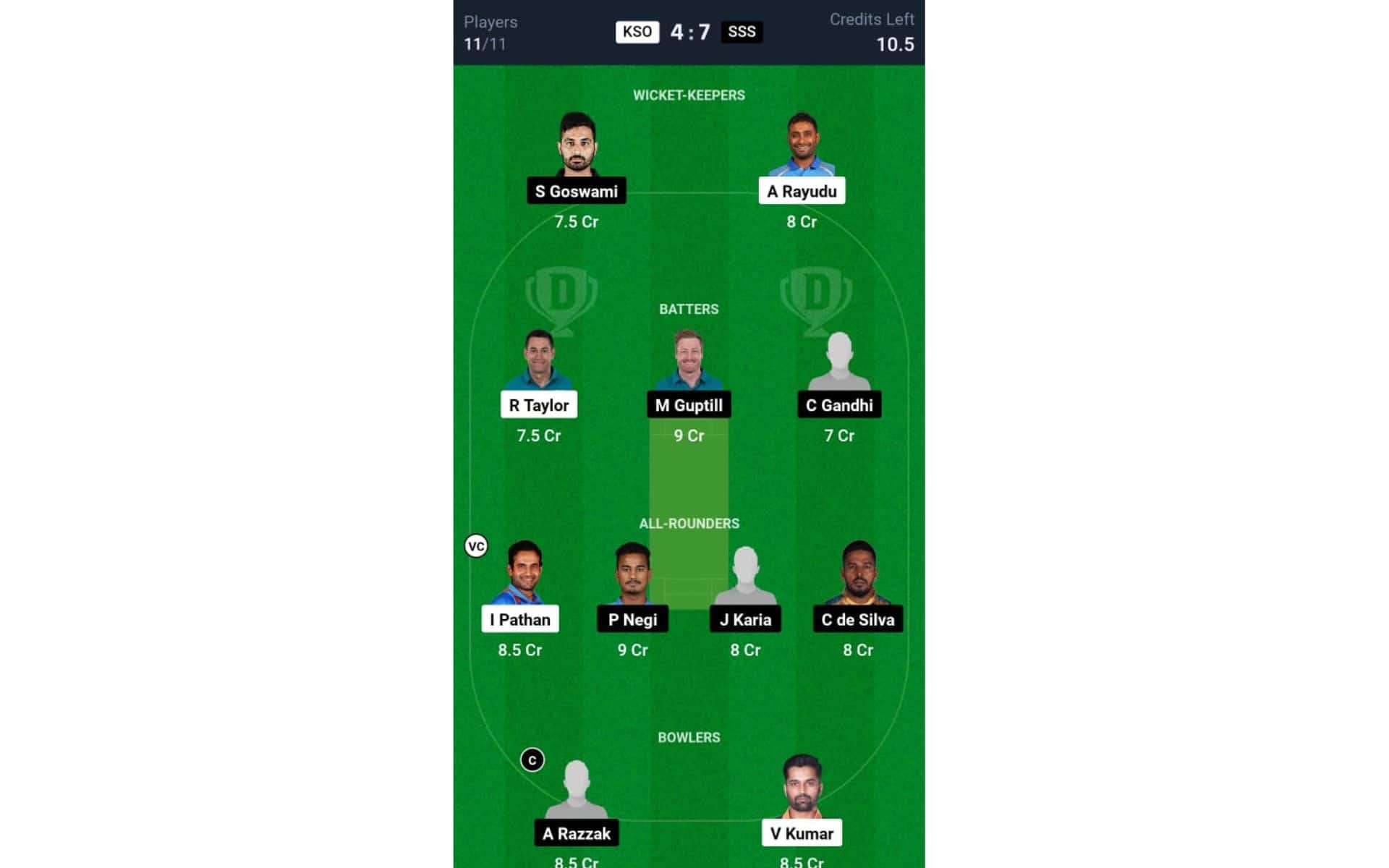 KSO vs SSS, LLC 2024: Dream11 Team 1 [Source: @Dream11 App]