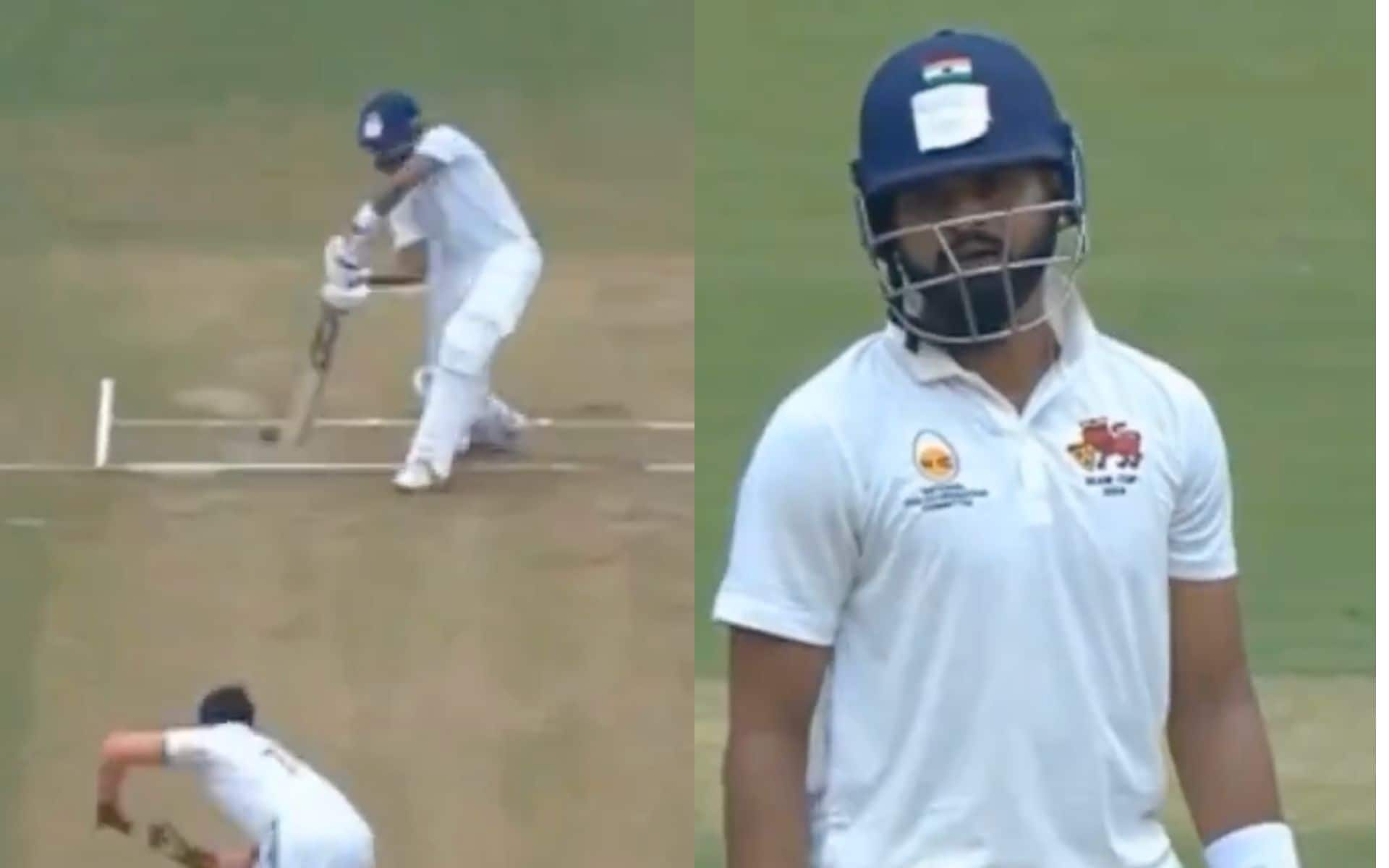 Shreyas Iyer's six against Mukesh Kumar (Screengrab@105of70Mumbai/X.com)