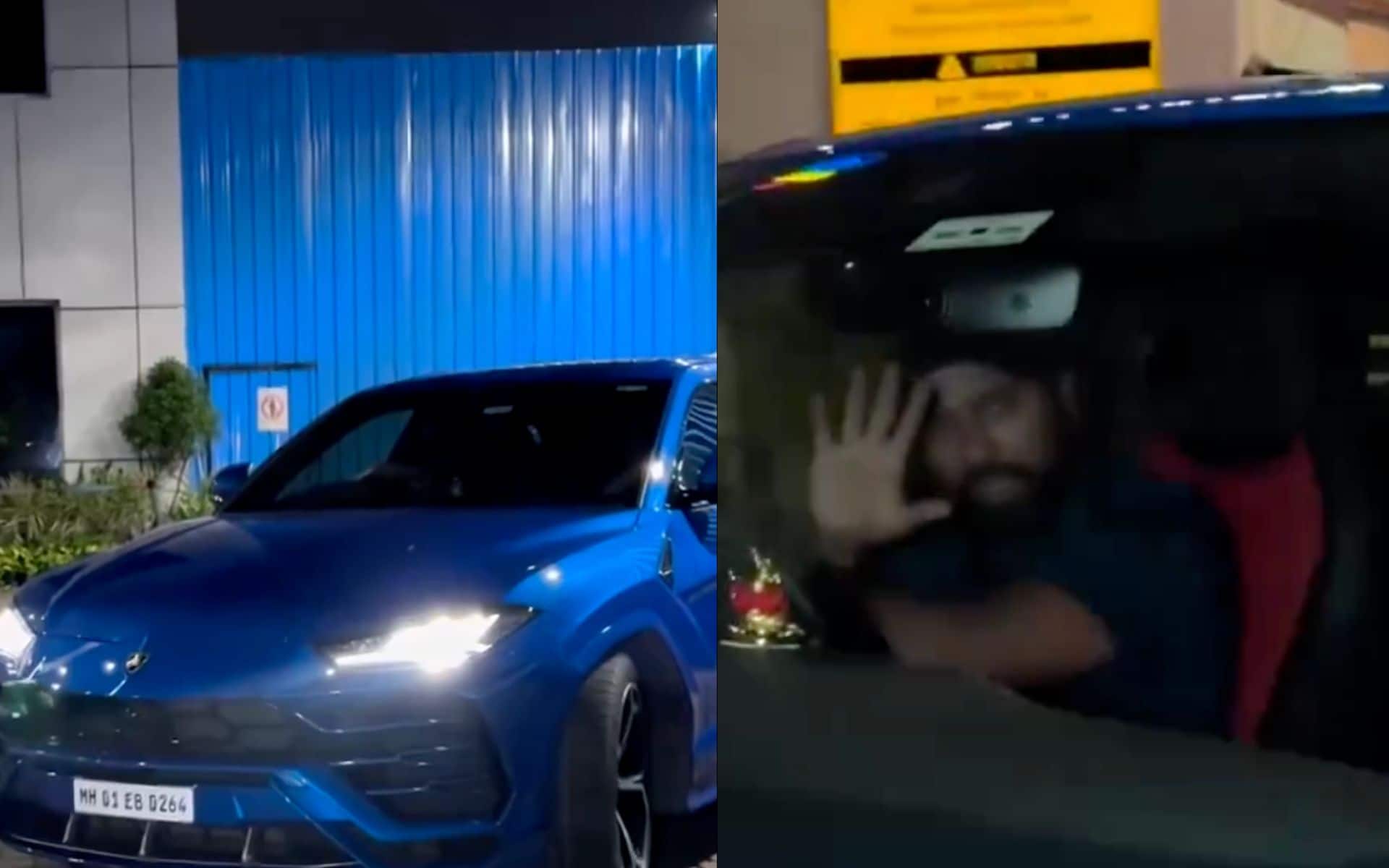 Rohit Sharma drives his blue Lamborghini after returning to Mumbai (@rushiii_12/X.com)