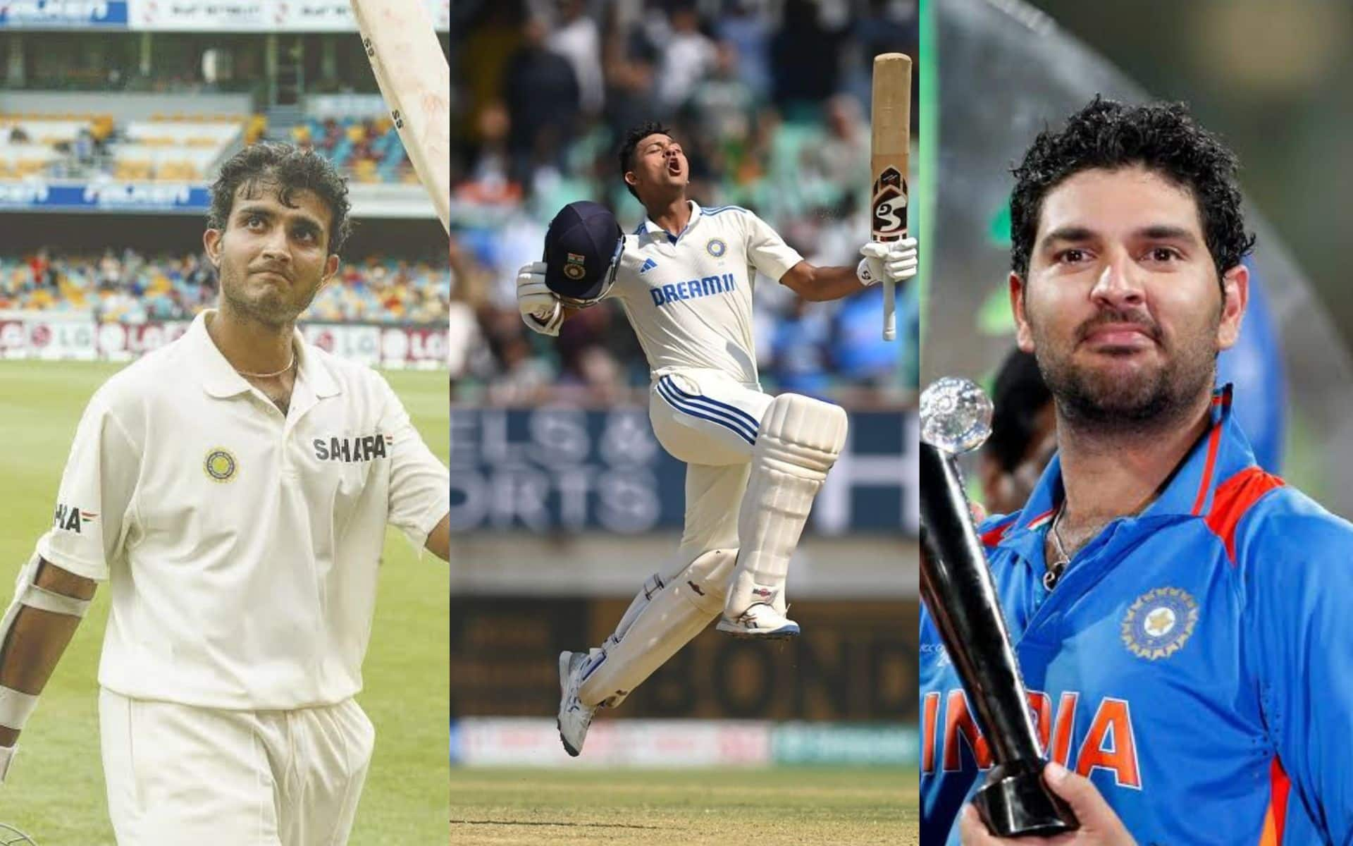 Sourav Ganguly, Yashasvi Jaiswal, Yuvraj Singh [Source: @Rishit_264,@PBTheBanglaBoy,@omegascarwitch/x.com]