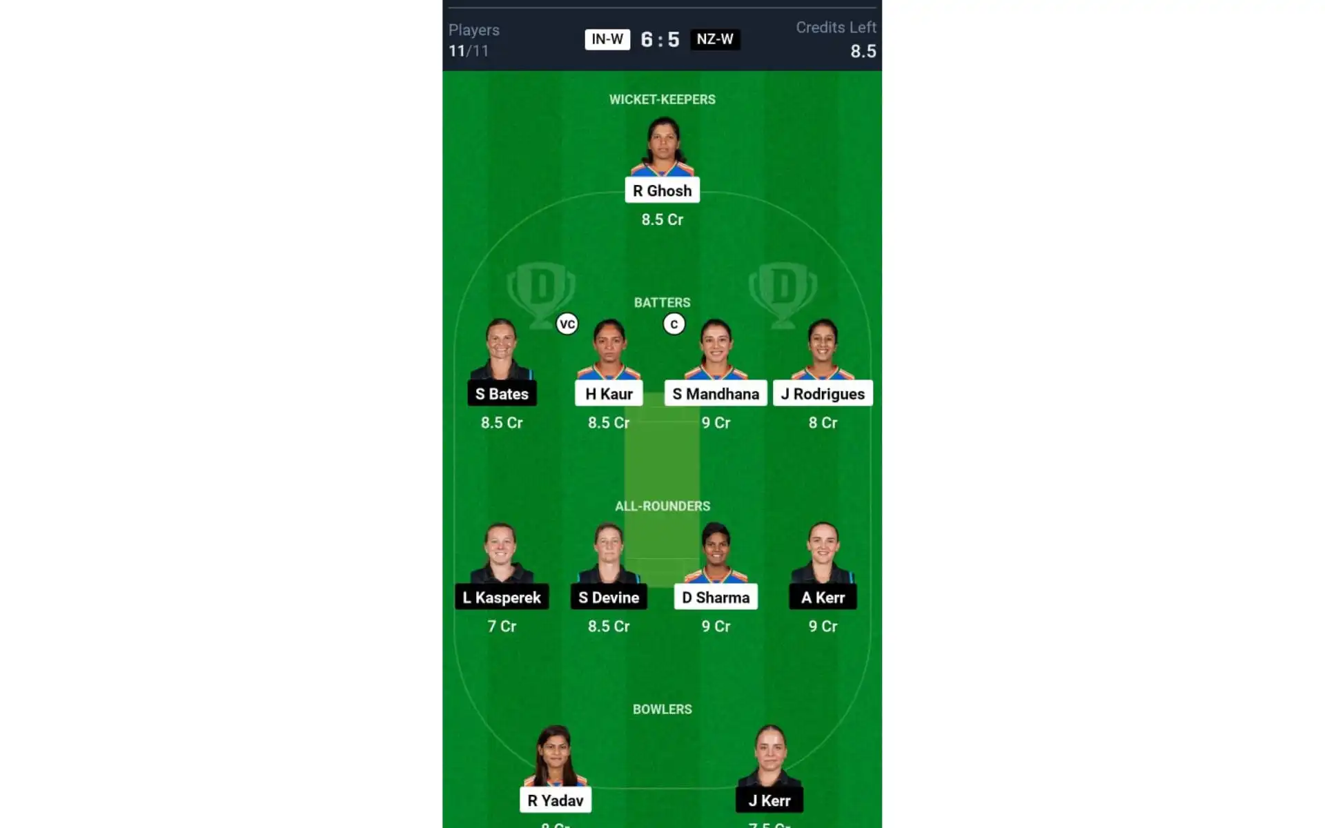 IN-W vs NZ-W, Women's T20 World Cup 2024: Dream11 Team 1 [Source: @Dream11 App]