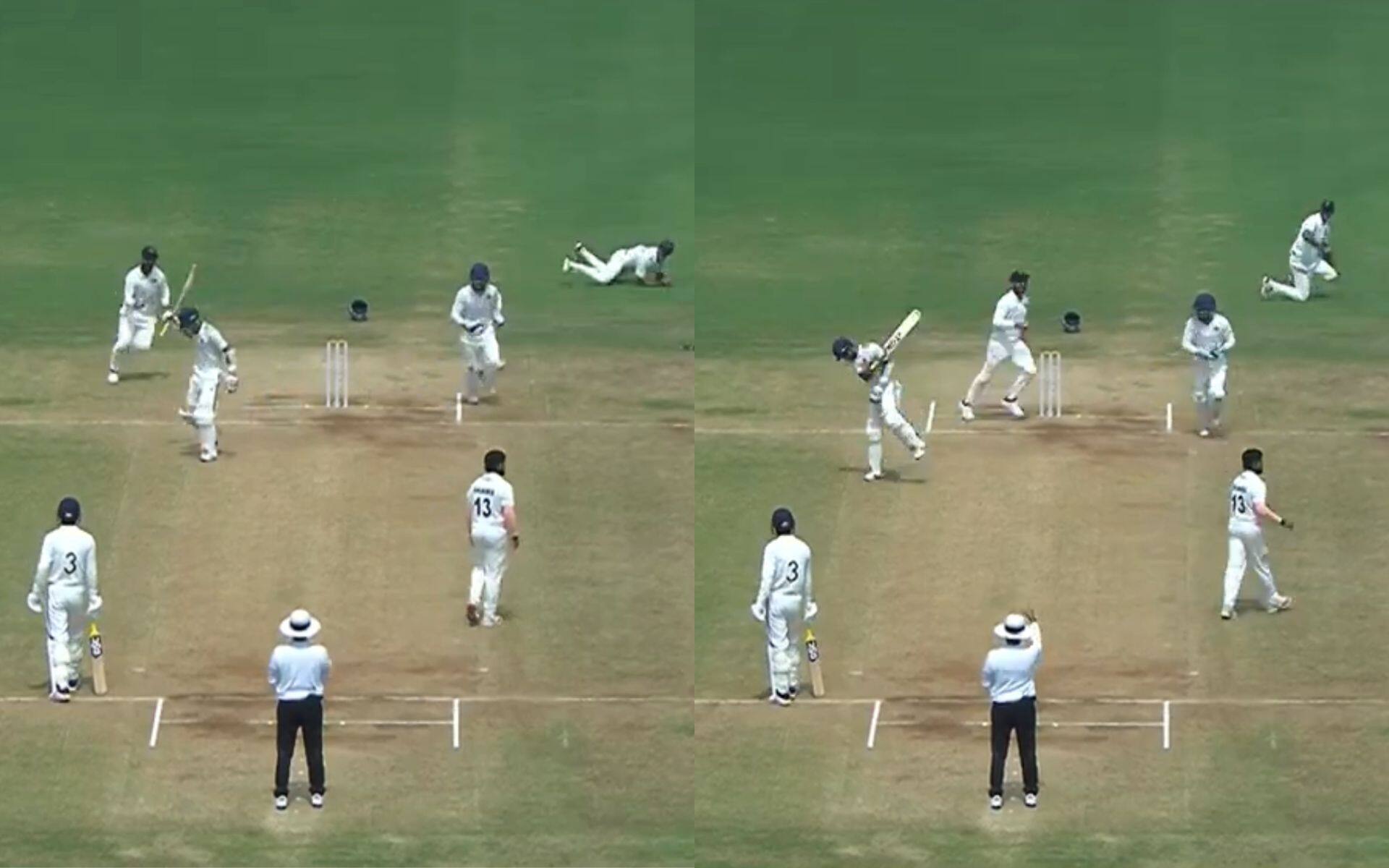 Abhimanyu Easwaran banged his bat against the surface after getting out [Source: Screengrab/@BCCIdomestic/x]