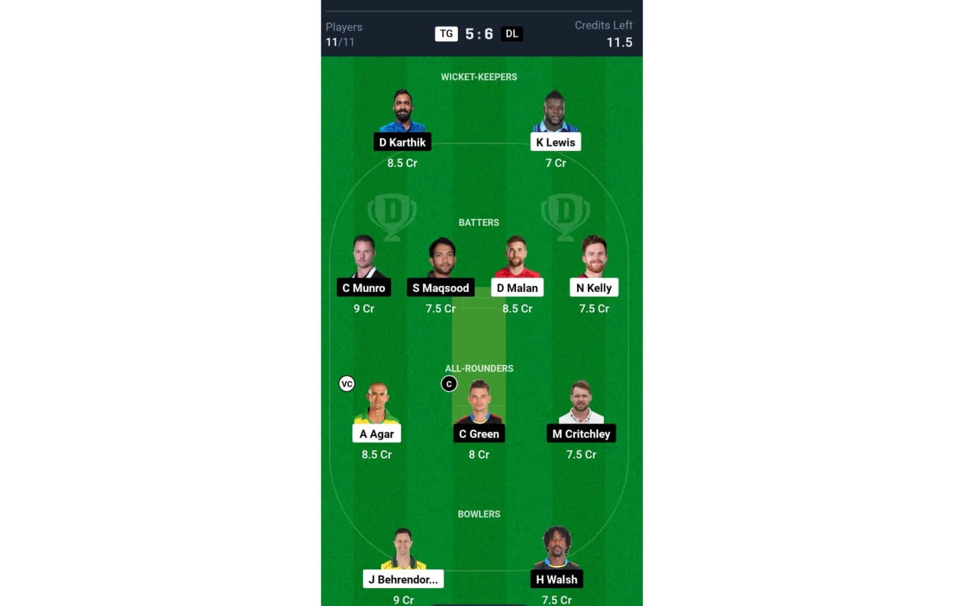 TG vs DL NCL T10: Dream11 Team 1 [Source: @Dream11 App]