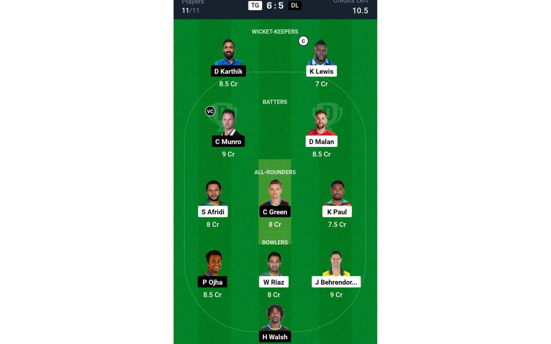 TG vs DL NCL T10: Dream11 Team 1 [Source: @Dream11 App]