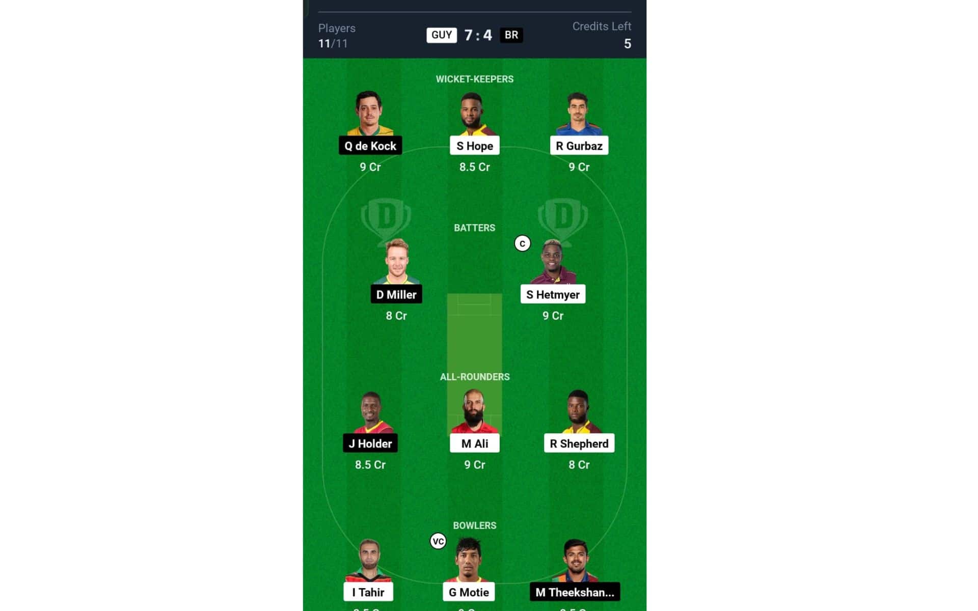 GUY vs BR, CPL 2024: Dream11 Team 1 [Source: @Dream11 App]