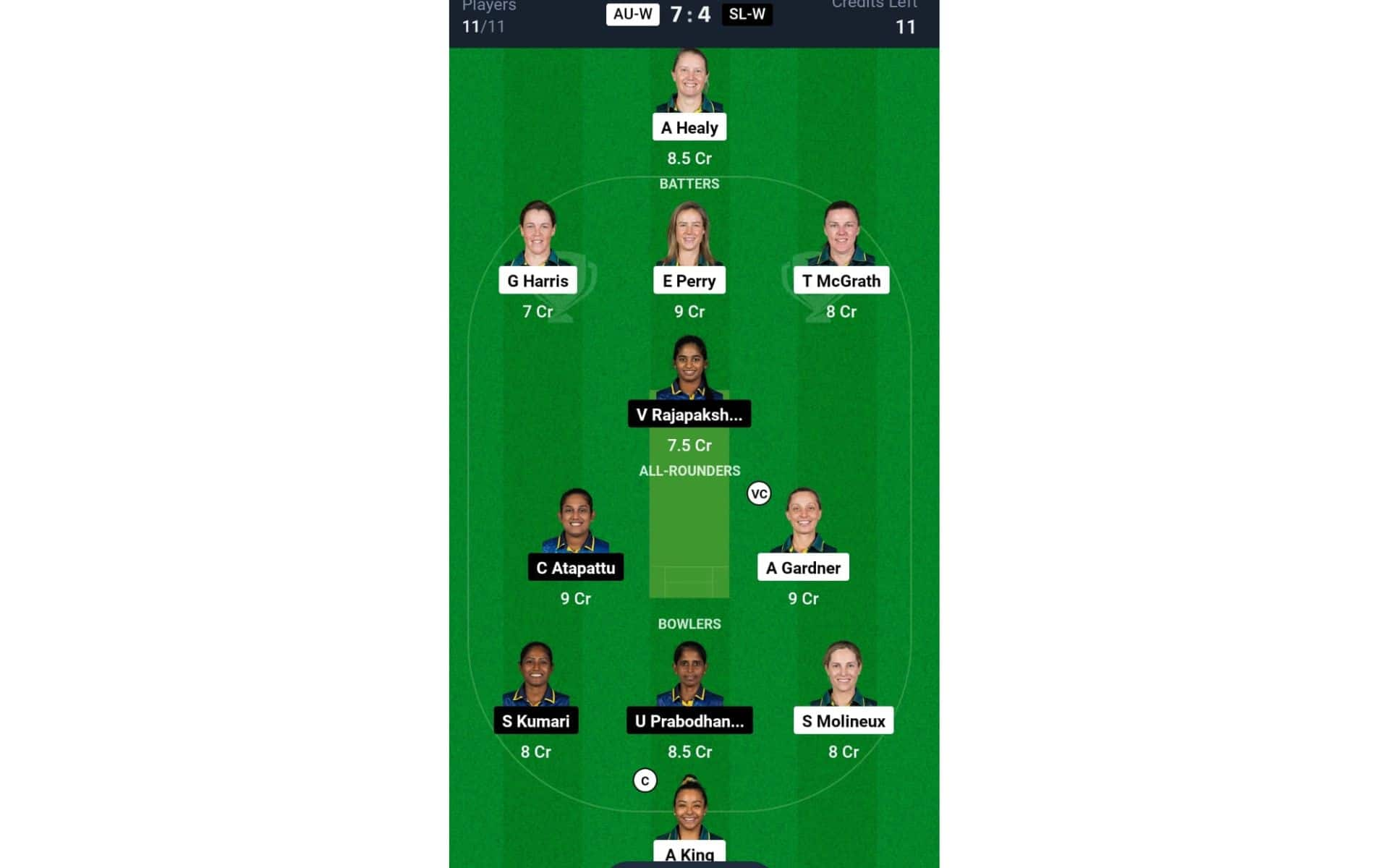 AU-W vs SL-W, Women's T20 World Cup 2024: Dream11 Team 1 [Source: @Dream11 App]