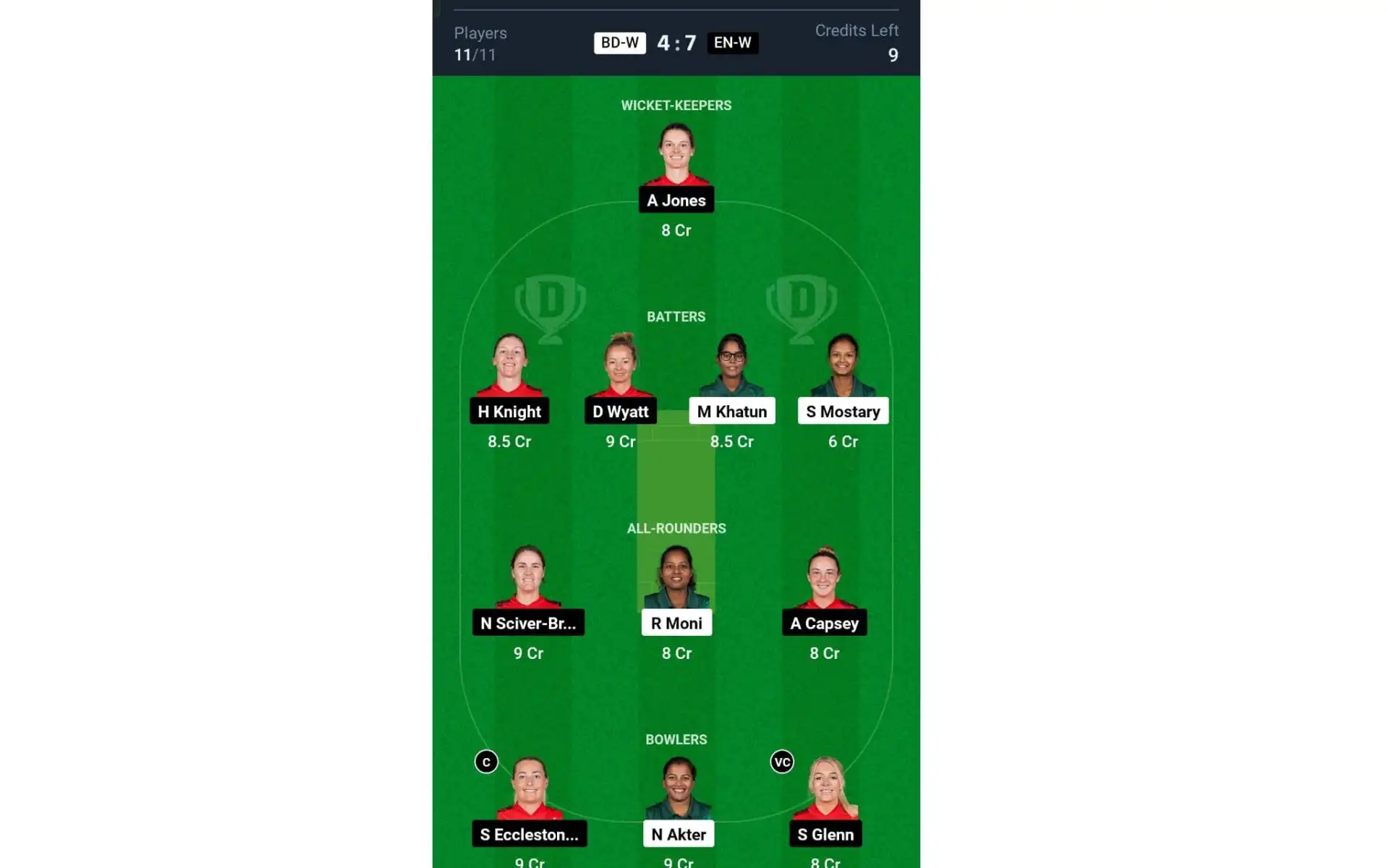 BD-W vs EN-W, Women's T20 World Cup 2024: Dream11 Team 2 [Source: @Dream11 App]