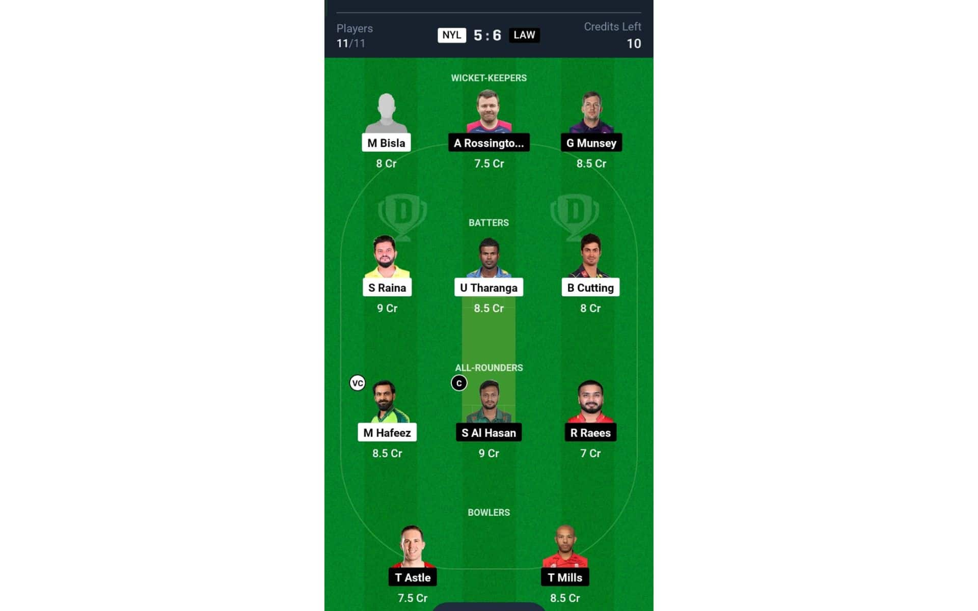 NYL vs LAW, NCL T10: Dream11 Team2 [Source: @Dream11 App]