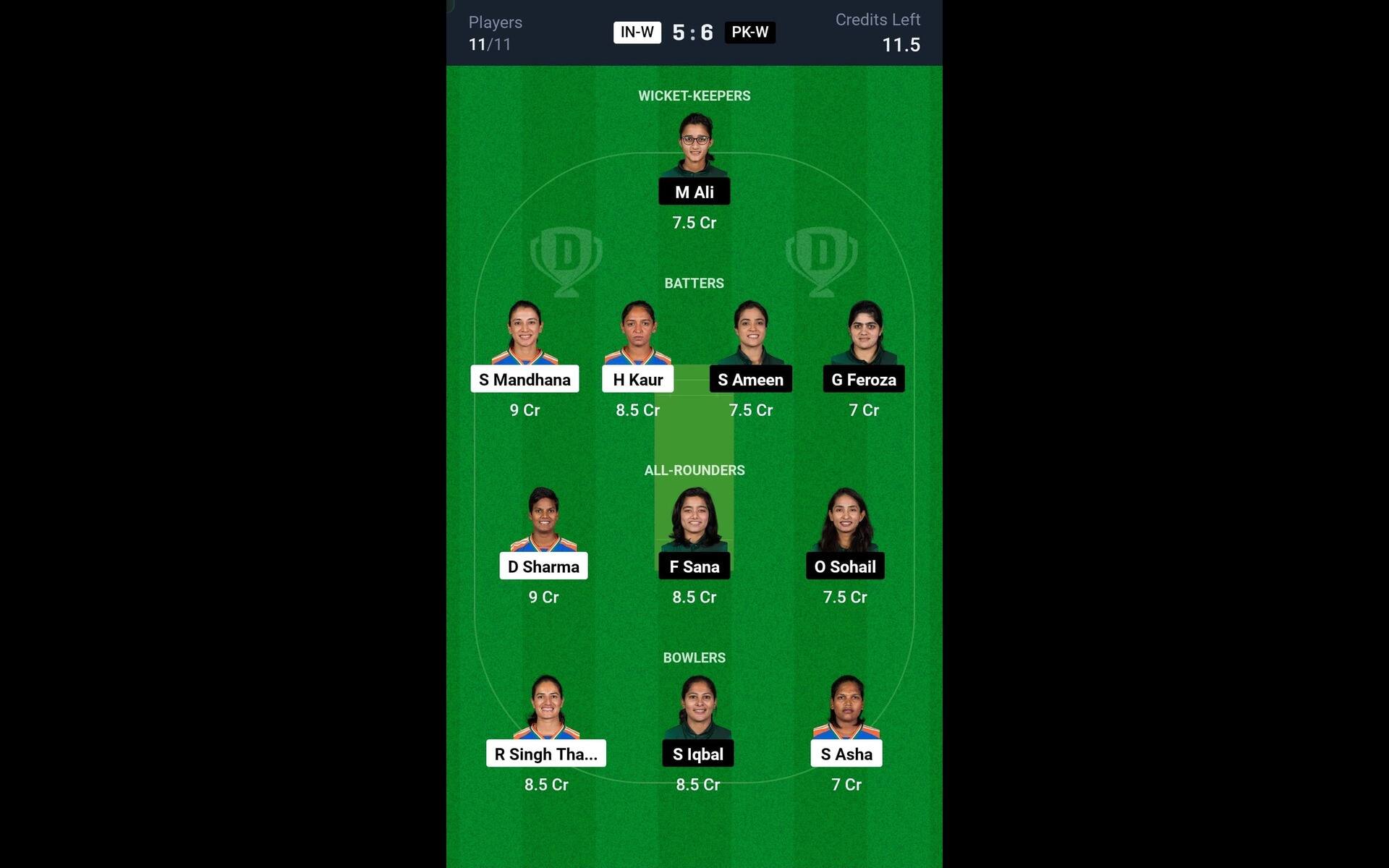 IN-W vs PK-W, Women's T20 World Cup 2024: Dream11 Team 1 [Source: @Dream11 App]