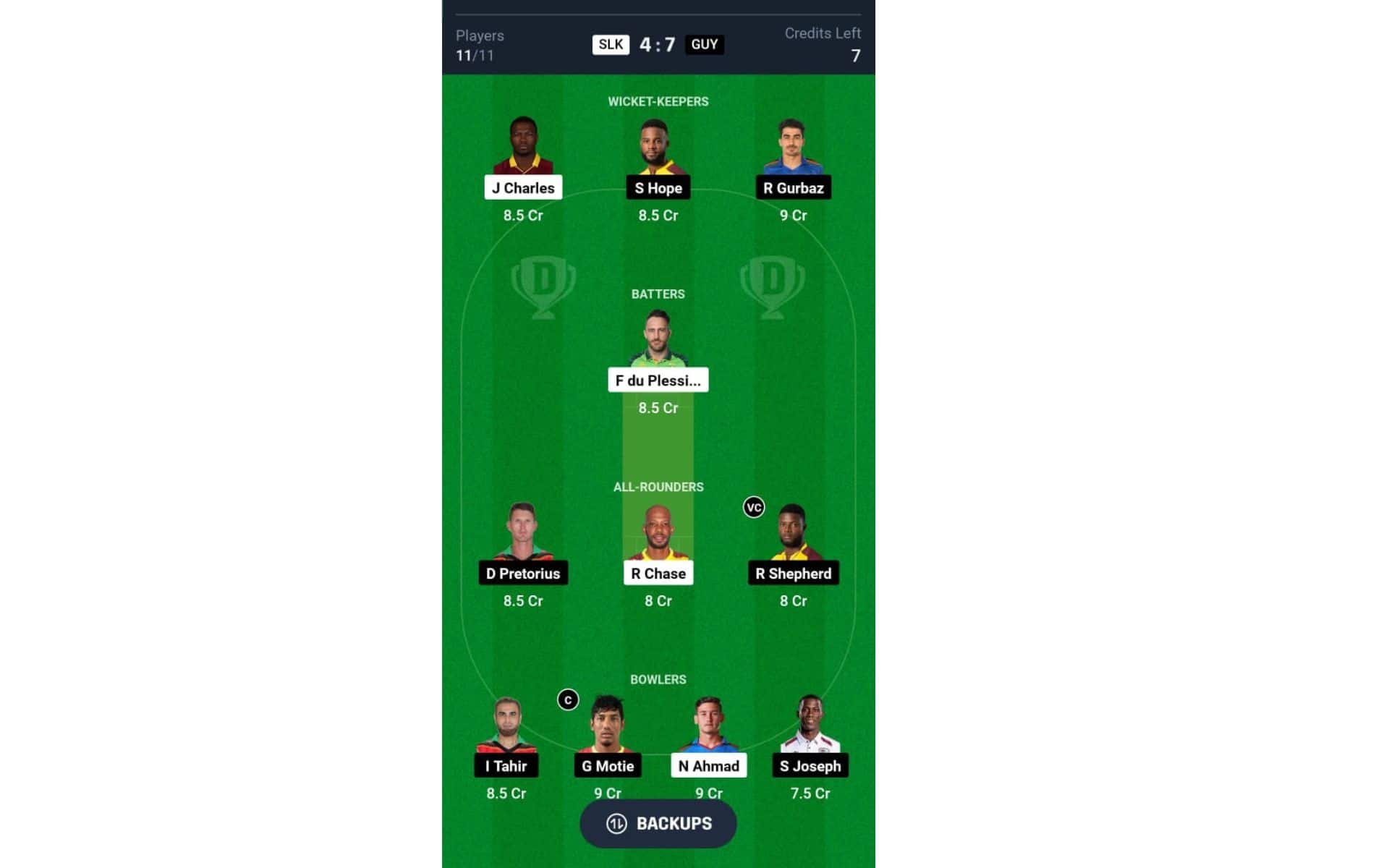 GUY vs SLK, CPL 2024: Dream11 Team 1 [Source: @Dream11 App]