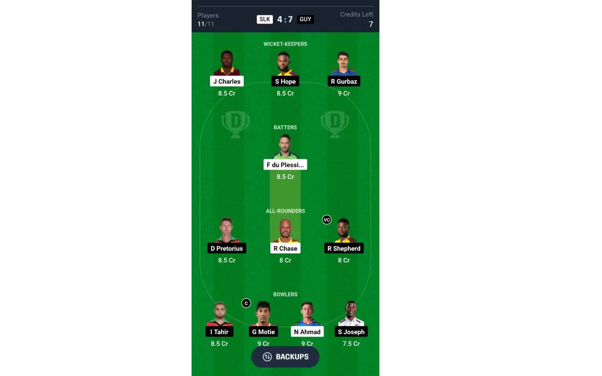GUY vs SLK, CPL 2024: Dream11 Team 1 [Source: @Dream11 App]