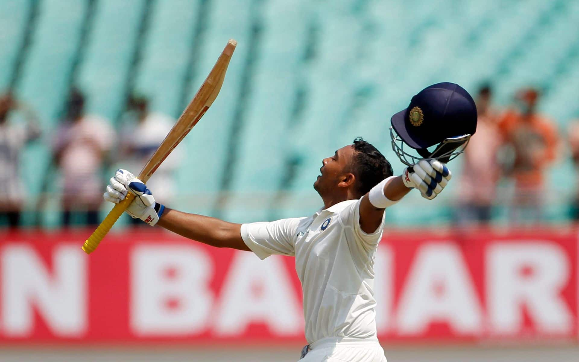 Prithvi Shaw celebrating his maiden Test century [Source: @ICC/x]