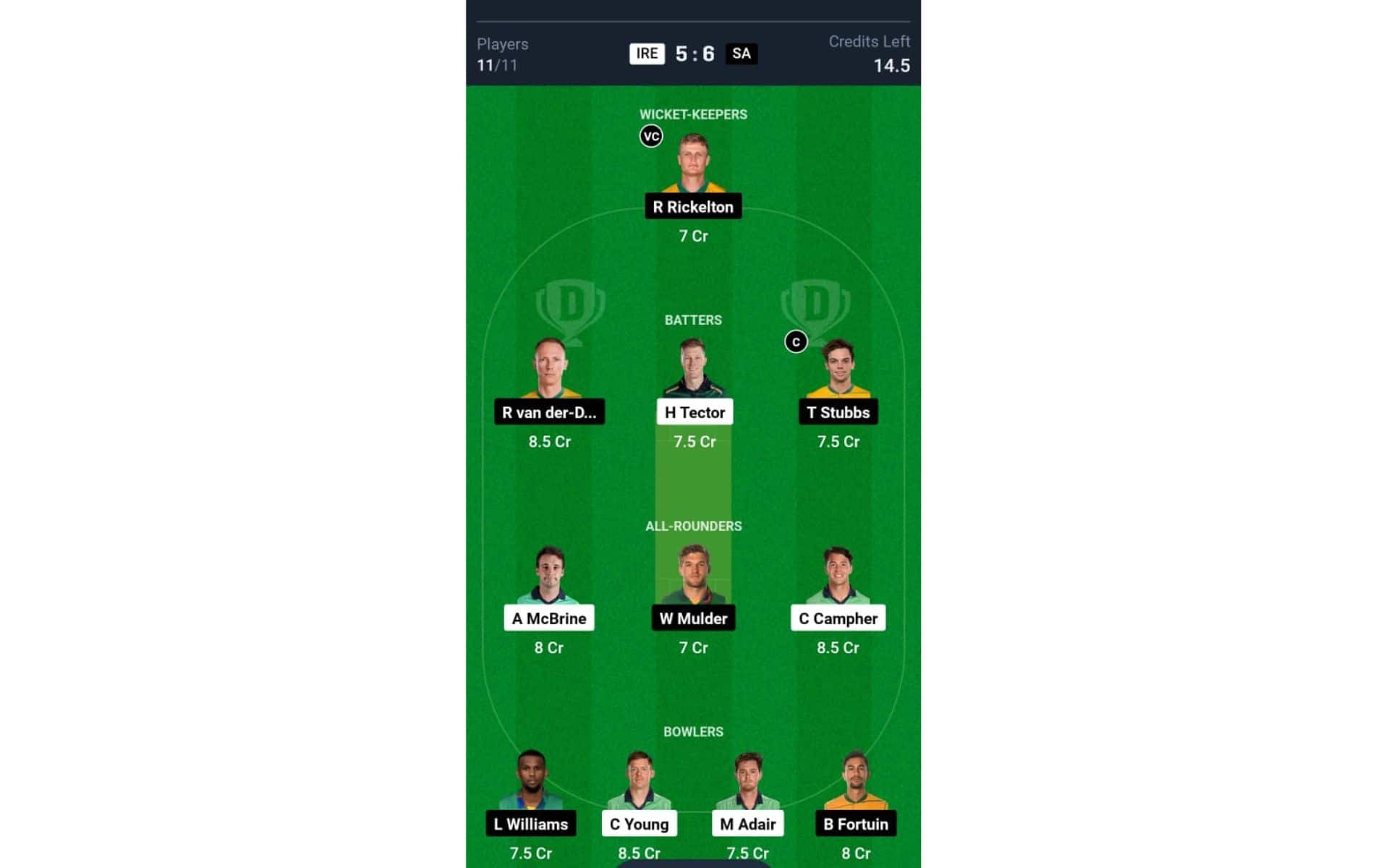 IRE vs SA, 3rd ODI: Dream11 Team 1 [Source: @Dream11 App]