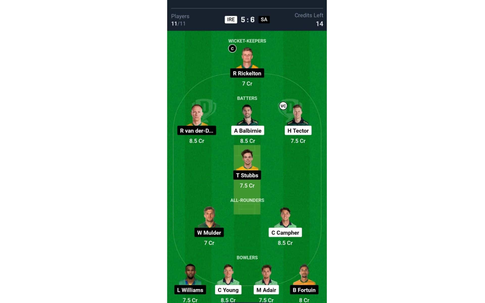 IRE vs SA, 3rd ODI: Dream11 Team 1 [Source: @Dream11 App]