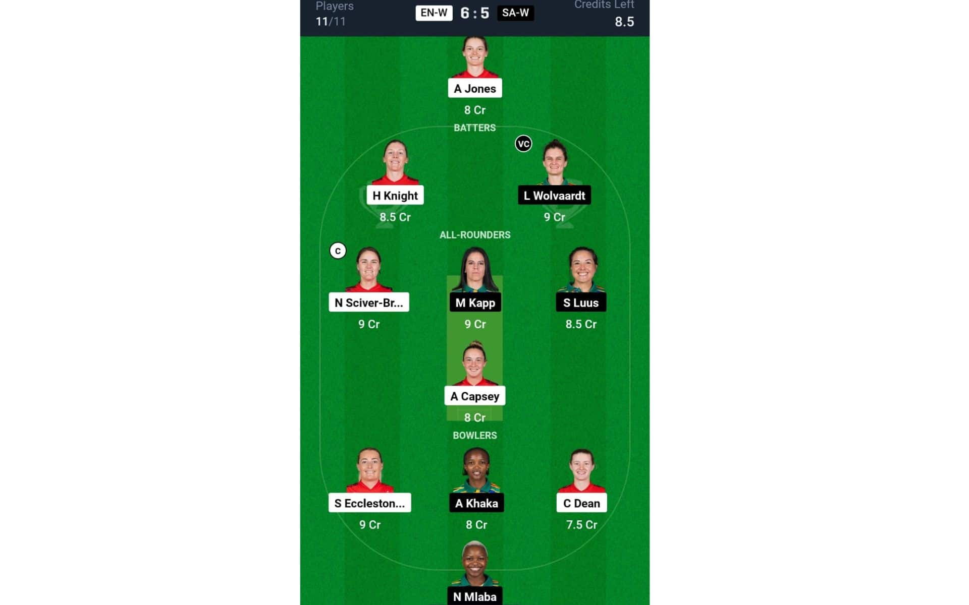 EN-W vs SA-W, Women's T20 World Cup 2024: Dream11 Team 1 [Source: @Dream11 App]